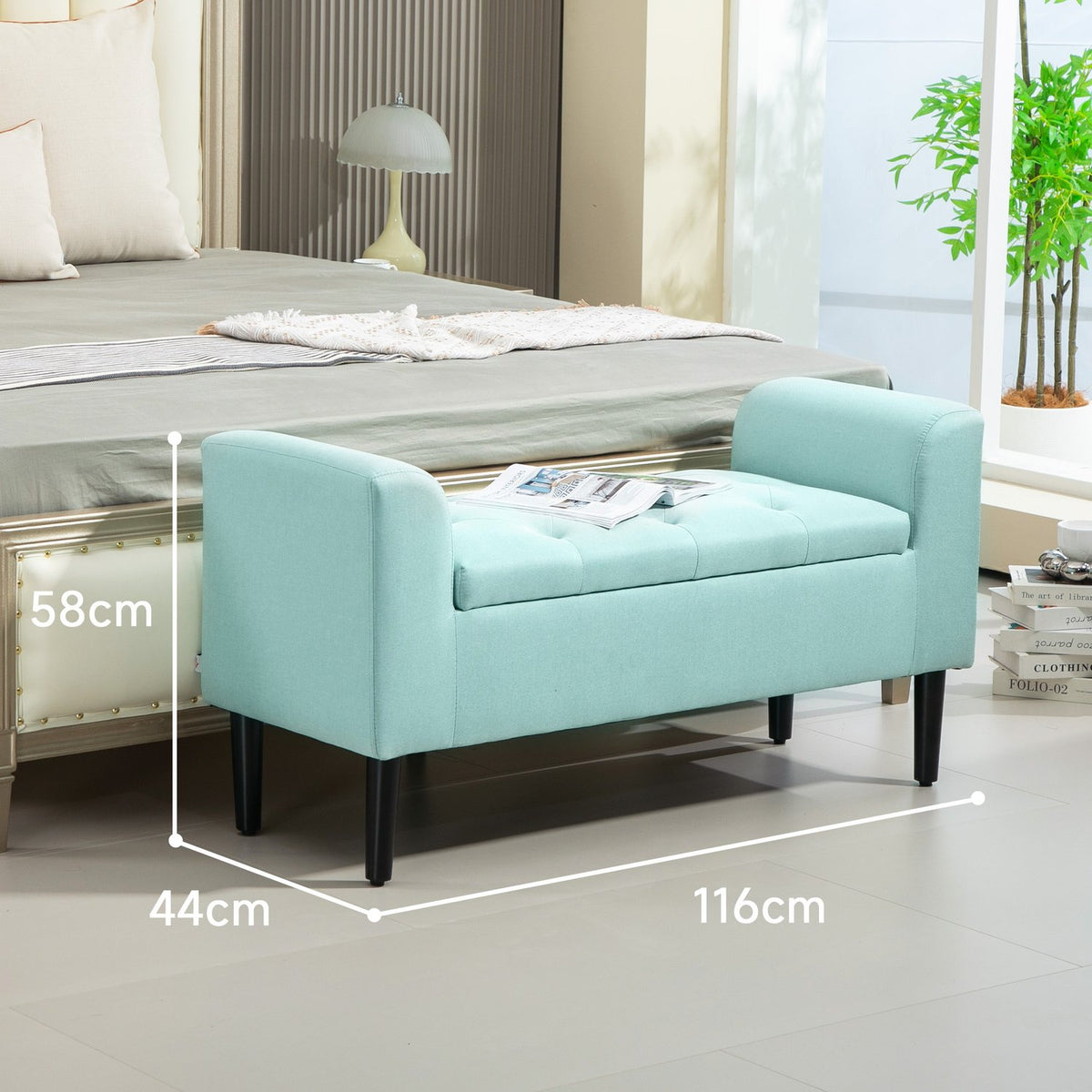 Bench with storage space, upholstered bench with linen look, stool with a load capacity of up to 130 kg, storage box, for living room, bedroom, hallway, 116 x 44 x 58 cm green
