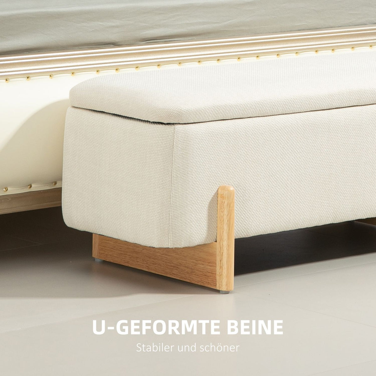 Bench with storage space, upholstered bench with linen look, wooden legs, bed bench with safety hinges for living room, bedroom, hallway