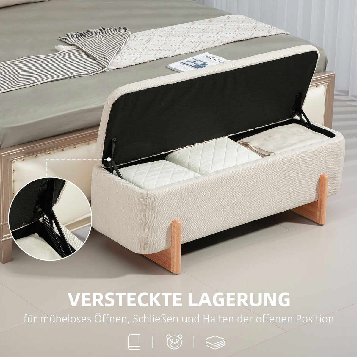 Bench with storage space, upholstered bench with linen look, wooden legs, bed bench with safety hinges for living room, bedroom, hallway