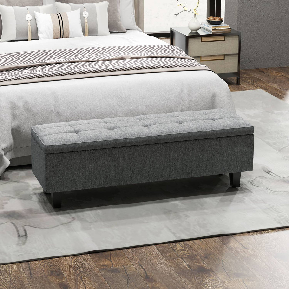 Bench with storage space, upholstered bench with linen look, wooden legs, modern bed bench for hallway, bedroom, living room, 138 x 40 x 45 cm, dark gray