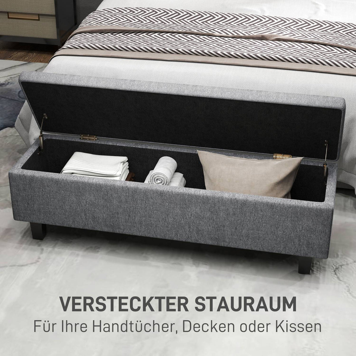 Bench with storage space, upholstered bench with linen look, wooden legs, modern bed bench for hallway, bedroom, living room, 138 x 40 x 45 cm, dark gray