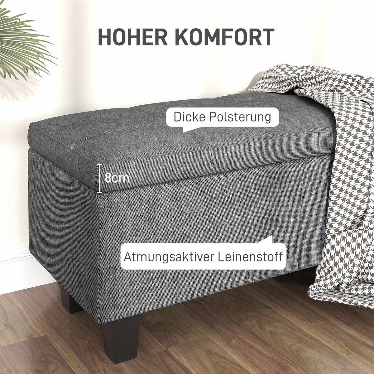 Bench with storage space, upholstered bench with linen look, wooden legs, modern bed bench for hallway, bedroom, living room, 138 x 40 x 45 cm, dark gray