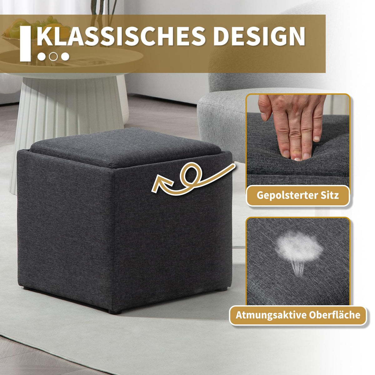 Bench with storage space, upholstered bench with removable lid, bed bench with linen look, for hallway, bedroom, living room, 42 x 42 x 41 cm dark gray