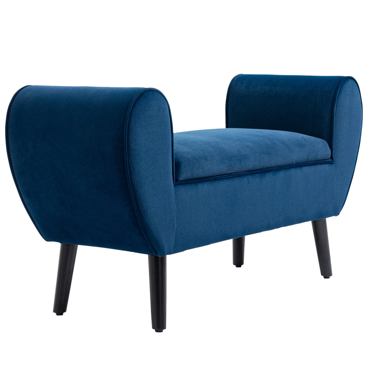 Bench with storage space, upholstered bench with velvet look, armrest, bed bench with wooden legs, for living room, bedroom, hallway, 118 x 42 x 66 cm, dark blue