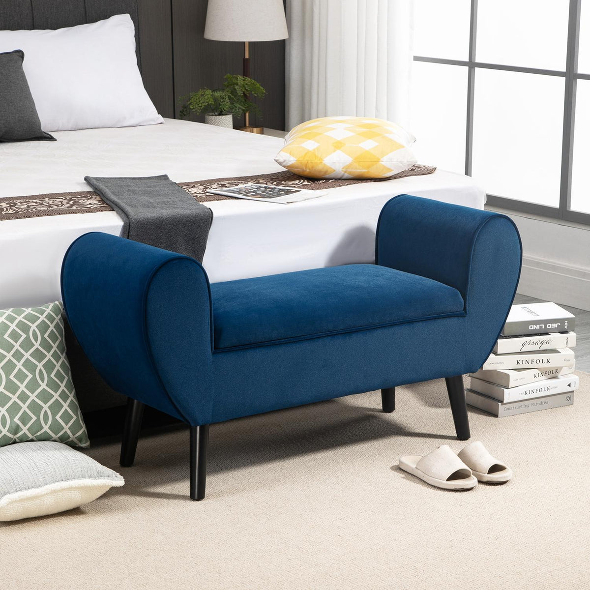 Bench with storage space, upholstered bench with velvet look, armrest, bed bench with wooden legs, for living room, bedroom, hallway, 118 x 42 x 66 cm, dark blue