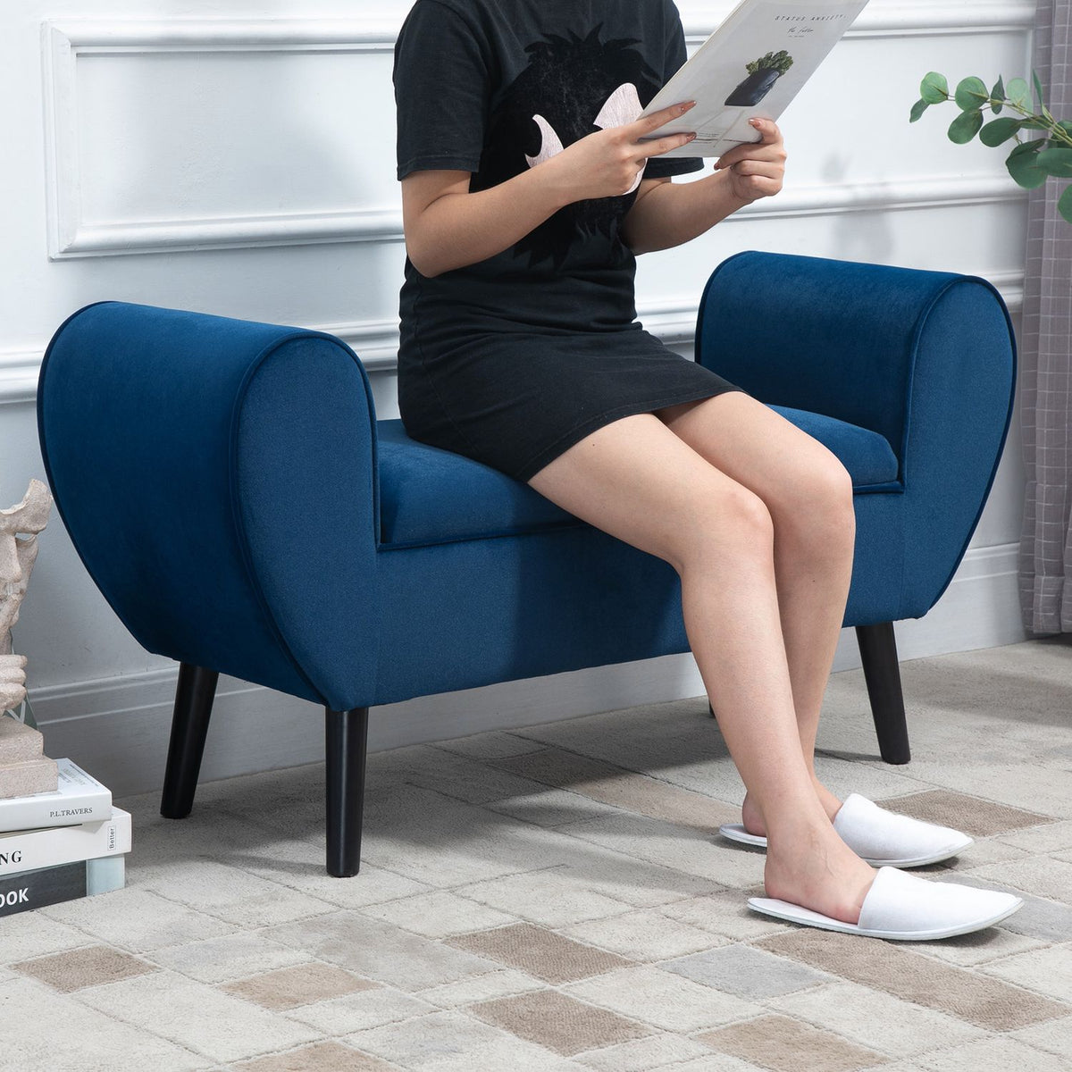 Bench with storage space, upholstered bench with velvet look, armrest, bed bench with wooden legs, for living room, bedroom, hallway, 118 x 42 x 66 cm, dark blue