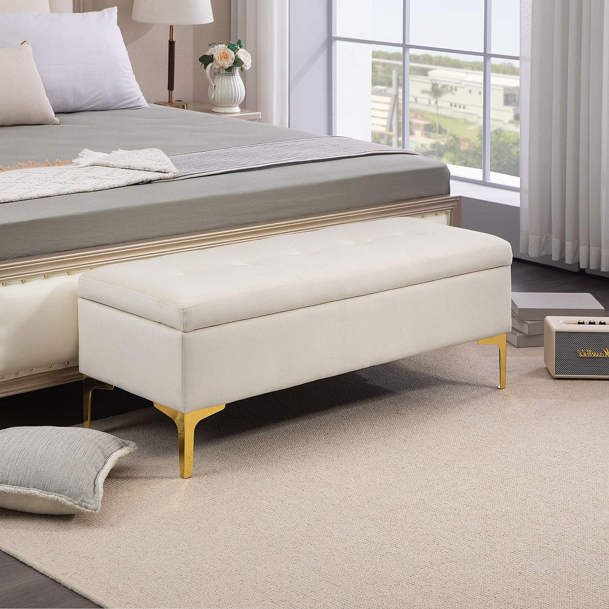 Bench with storage space, upholstered bench with velvet look, metal legs, bed bench for living room, bedroom, hallway, 120 x 44 x 44.5 cm, beige