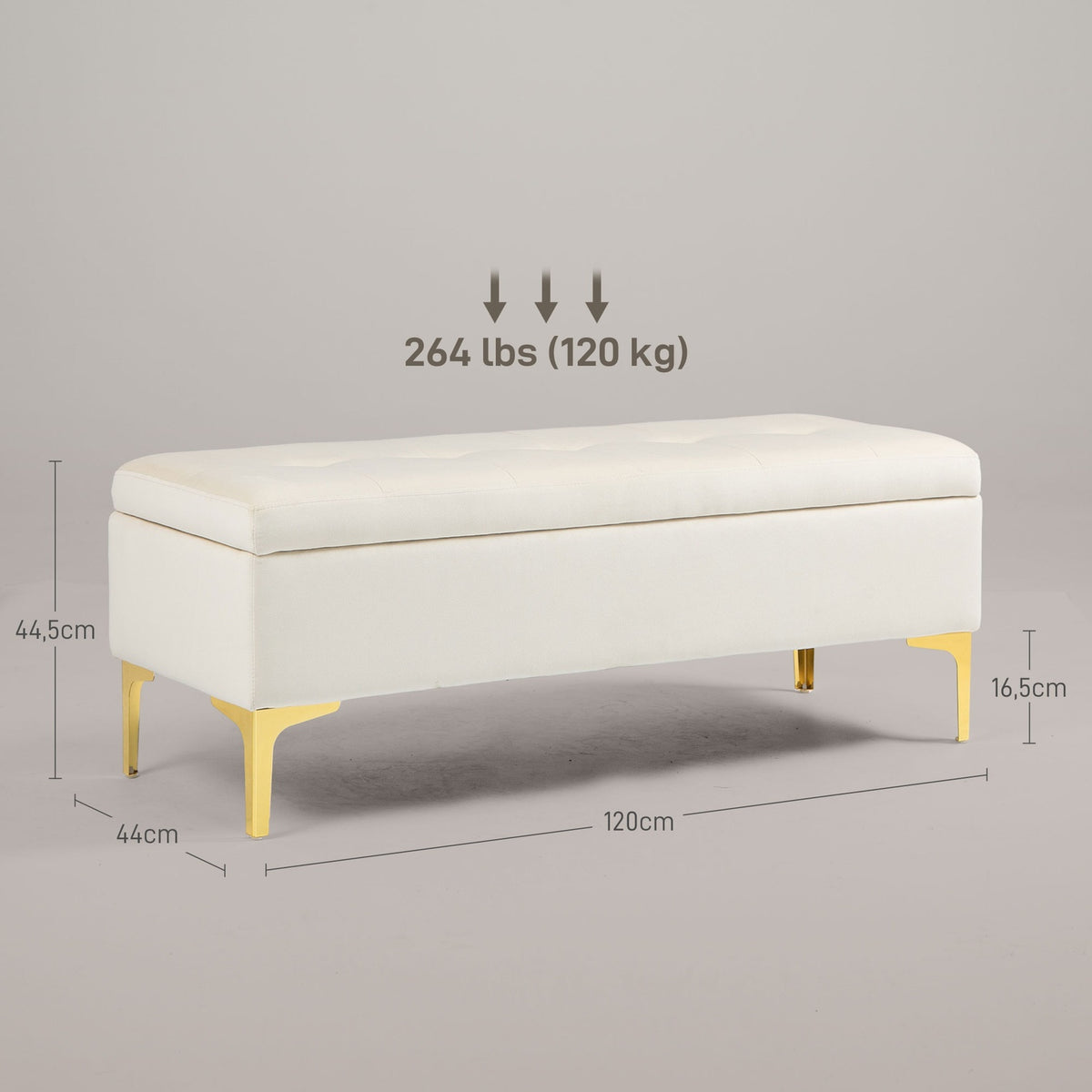 Bench with storage space, upholstered bench with velvet look, metal legs, bed bench for living room, bedroom, hallway, 120 x 44 x 44.5 cm, beige