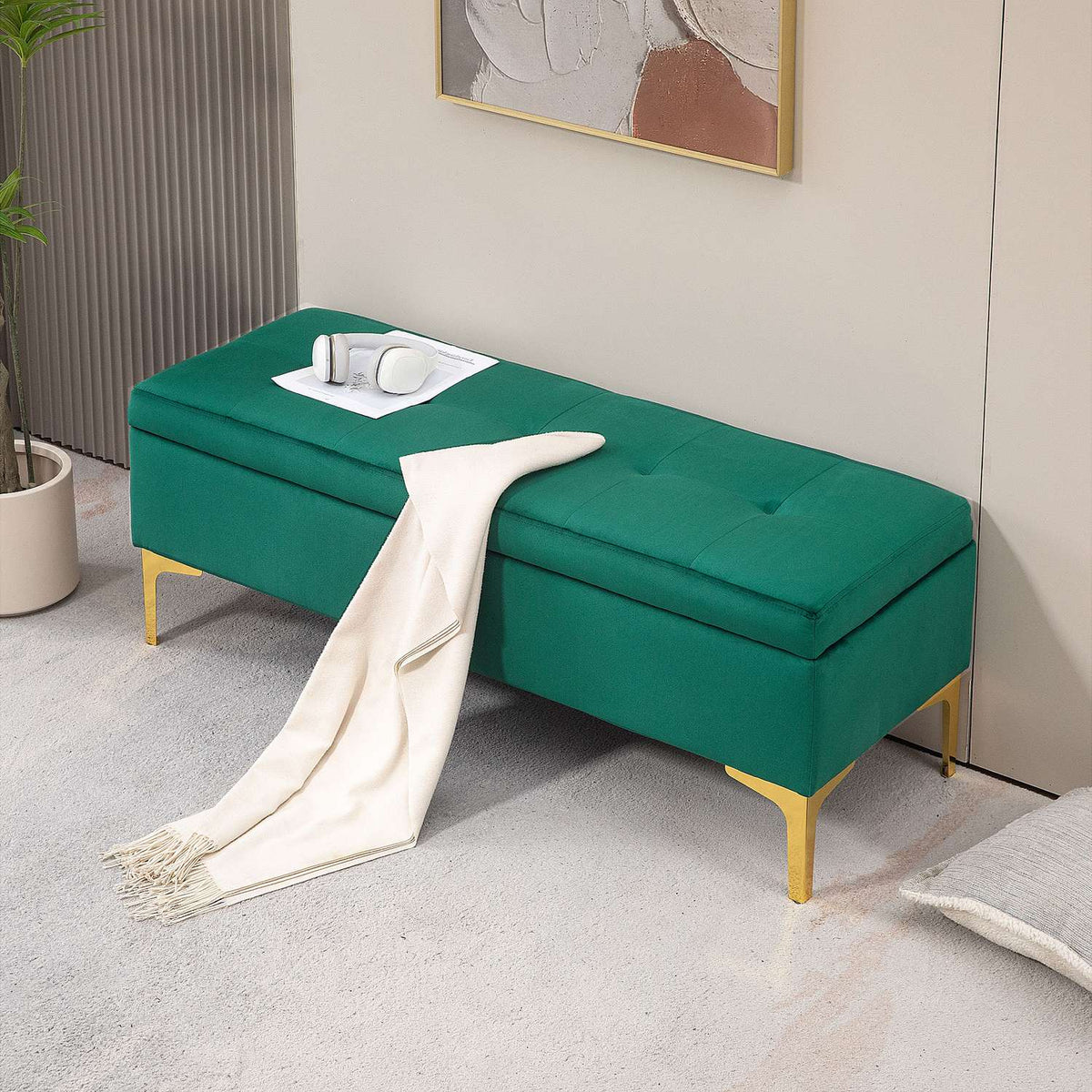 Bench with storage space, upholstered bench with velvet look, metal legs, bed bench for living room, bedroom, hallway, 120 x 44 x 44.5 cm, green