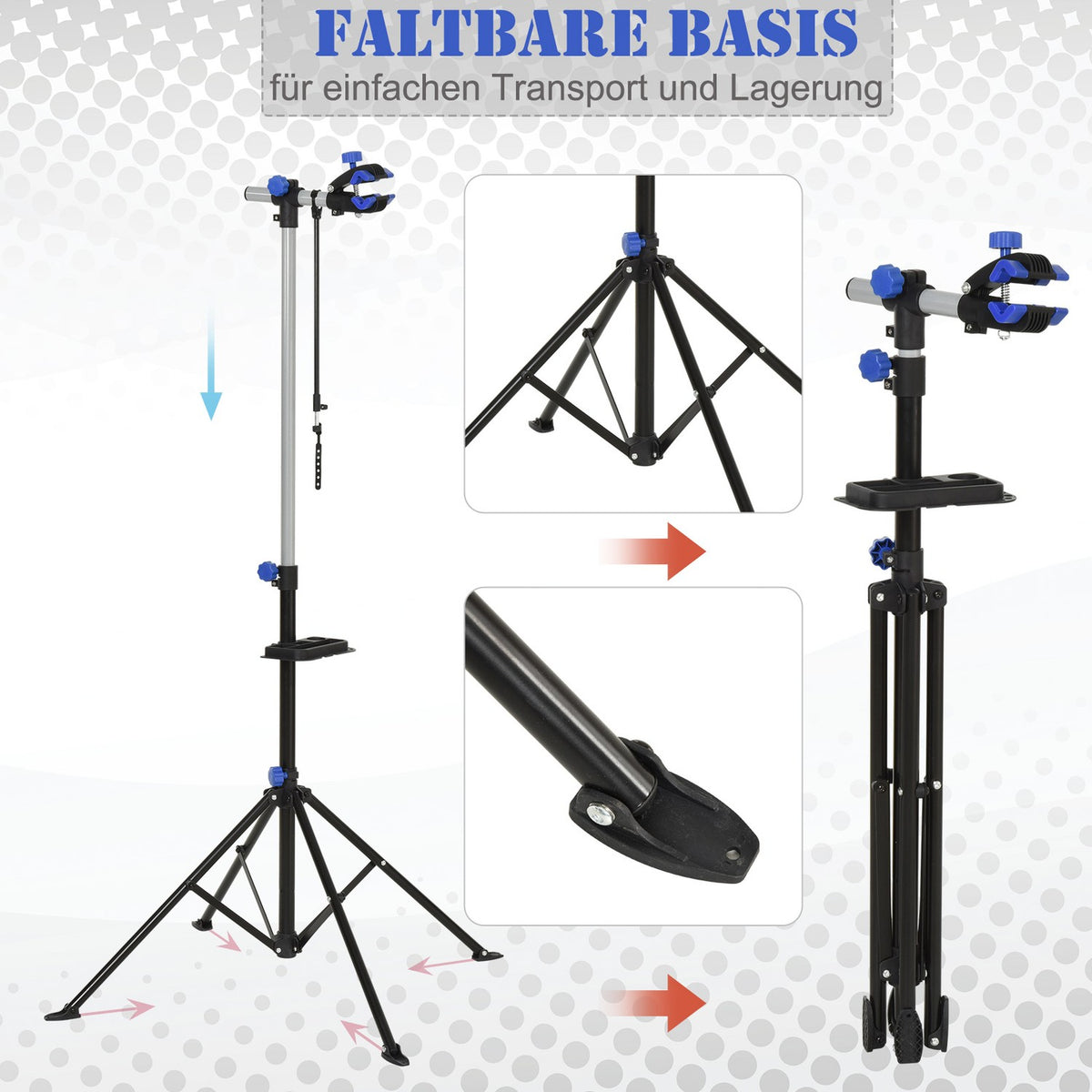 Bicycle Assembly Stand, Truing Stand, Repair Stand, Four-Legged, Tool Tray, Black, 144X144X117-170Cm