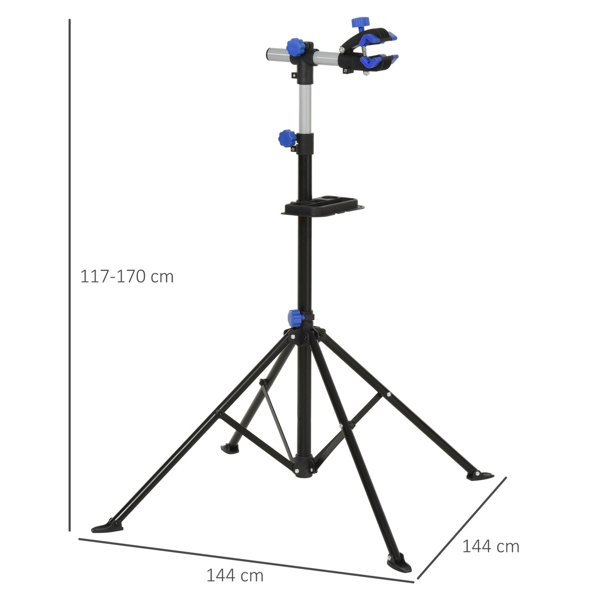 Bicycle Assembly Stand, Truing Stand, Repair Stand, Four-Legged, Tool Tray, Black, 144X144X117-170Cm