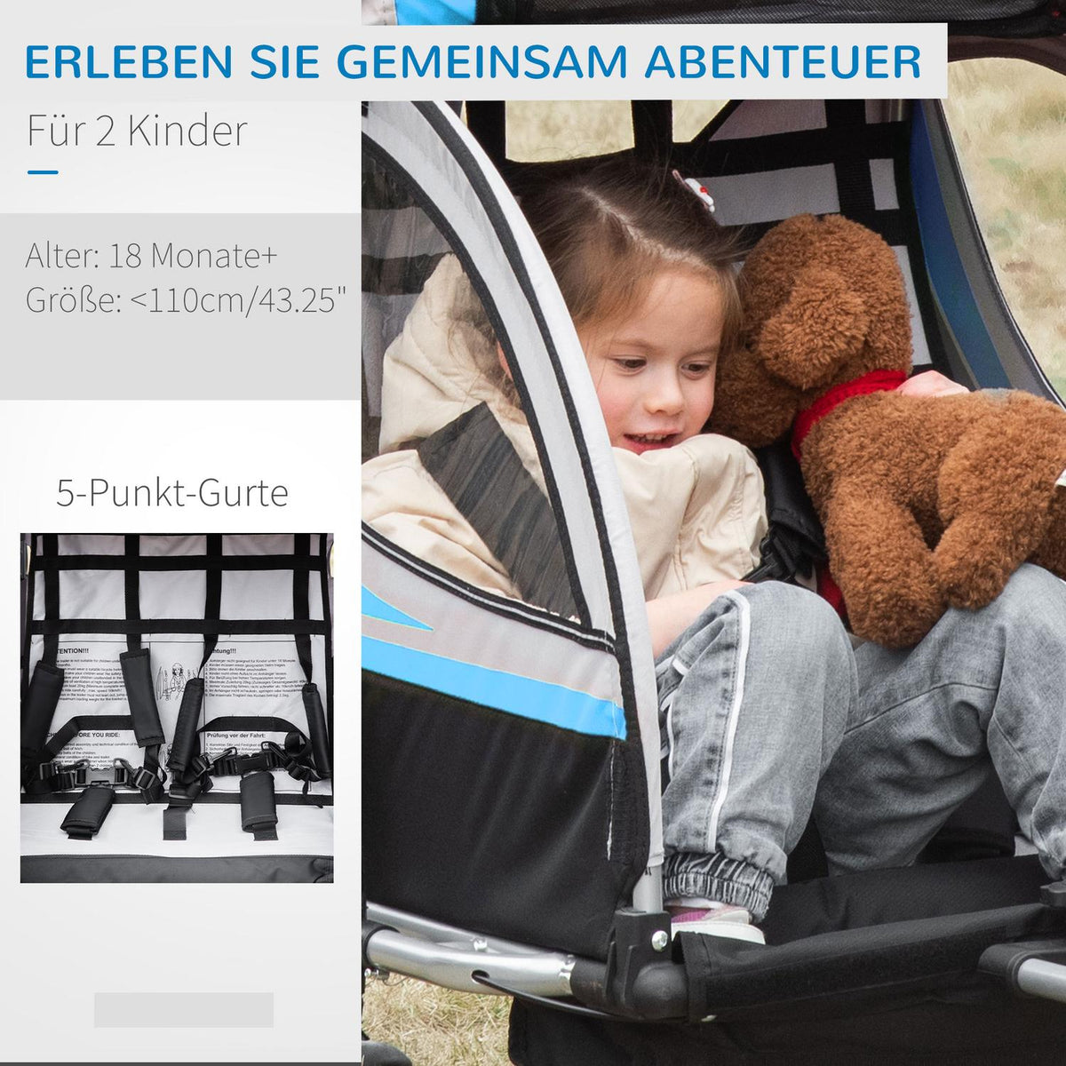 Bicycle Trailer 2 In 1 Stroller Buggy, 360° Rotatable, Steel Oxford, Blue+Black