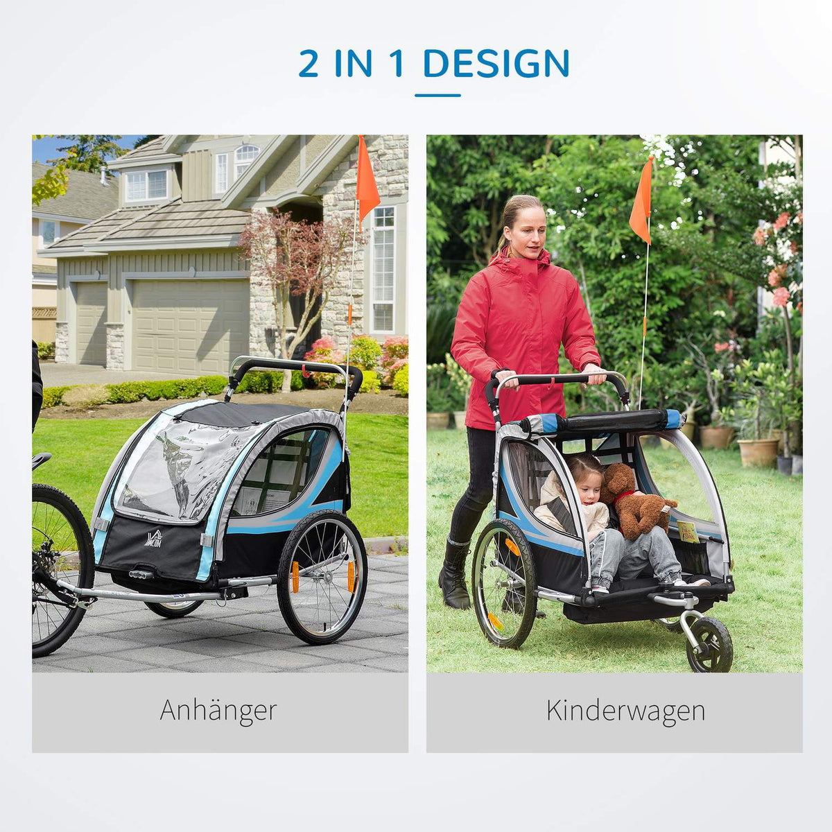 Bicycle Trailer 2 In 1 Stroller Buggy, 360° Rotatable, Steel Oxford, Blue+Black