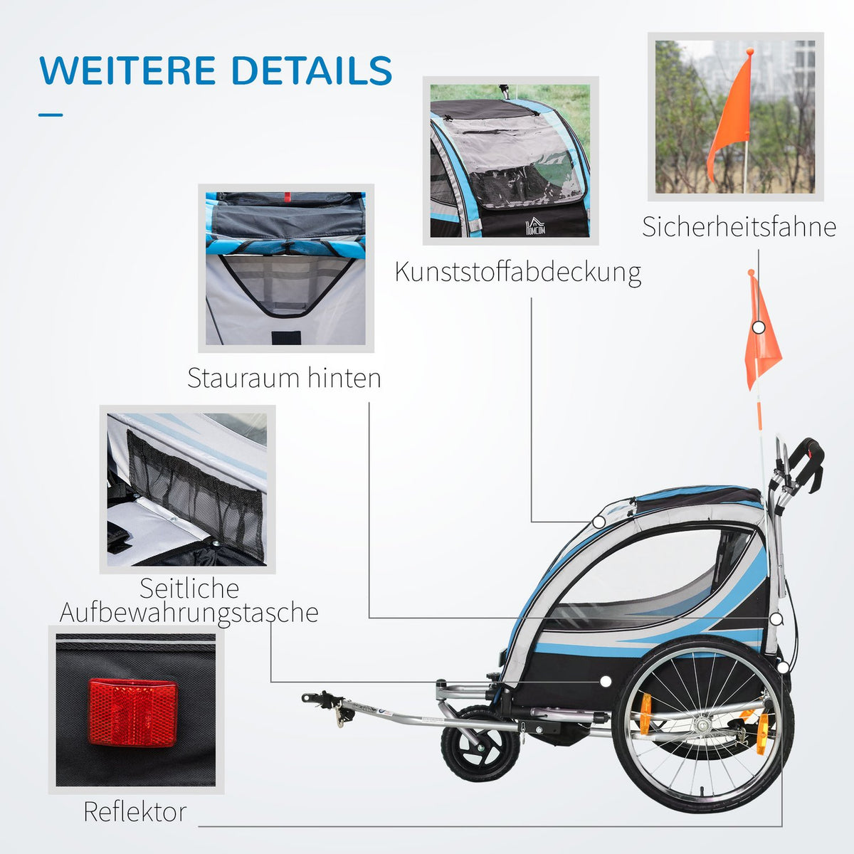 Bicycle Trailer 2 In 1 Stroller Buggy, 360° Rotatable, Steel Oxford, Blue+Black