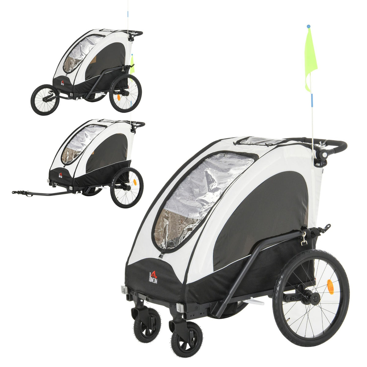 Bicycle Trailer Jogger 3 In 1 Child Trailer, Aluminum, For 2 Children, With Flag, White+Black