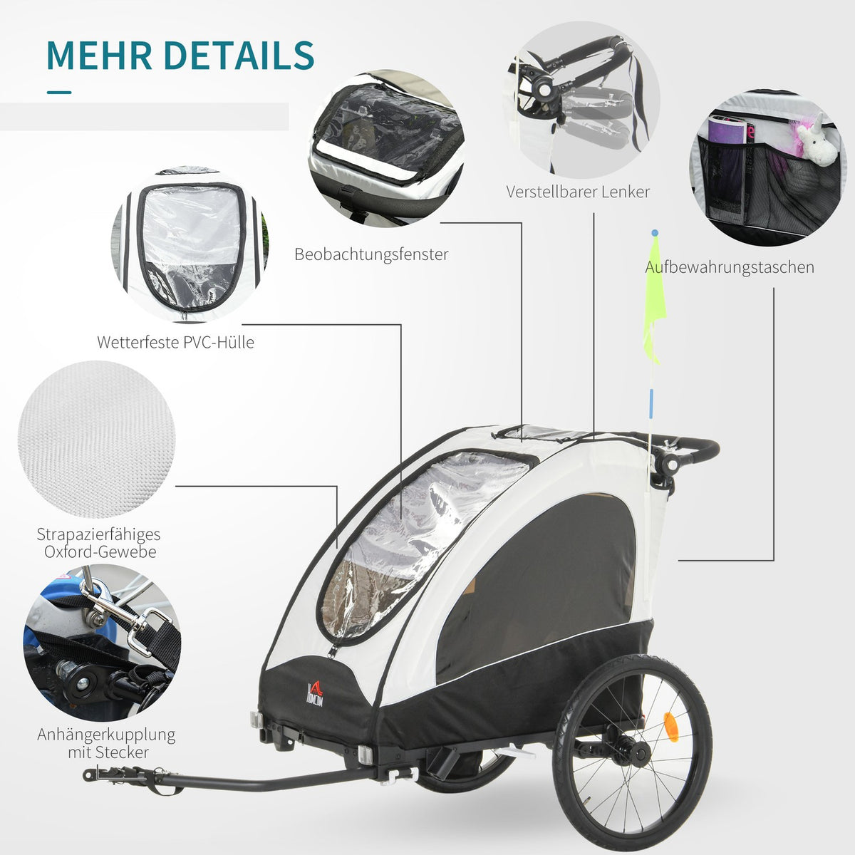 Bicycle Trailer Jogger 3 In 1 Child Trailer, Aluminum, For 2 Children, With Flag, White+Black
