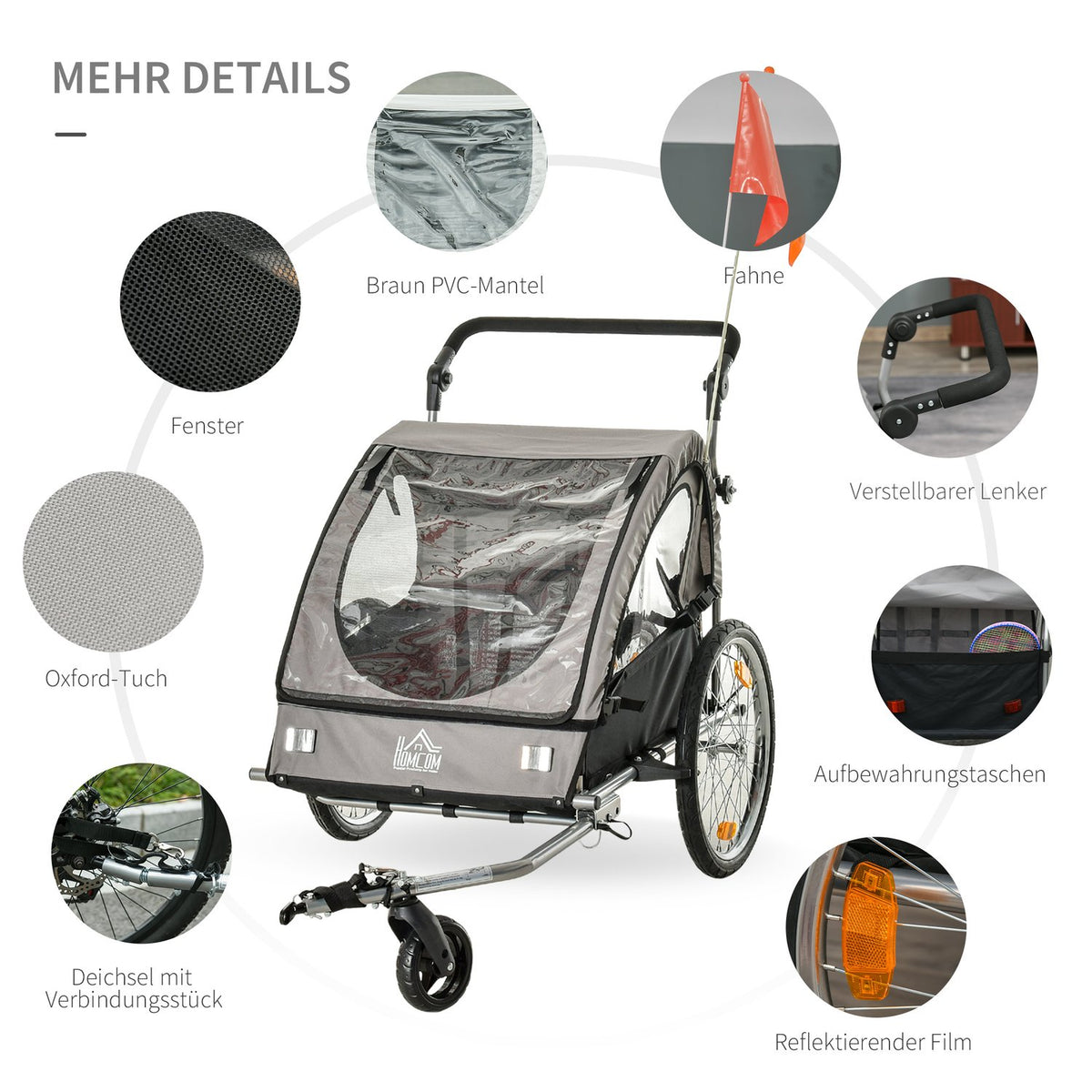 Bicycle Trailer Jogger Children'S Trailer 360° Rotatable With Five-Point Safety Belt Gray + Black 160 X 84 X 106 Cm