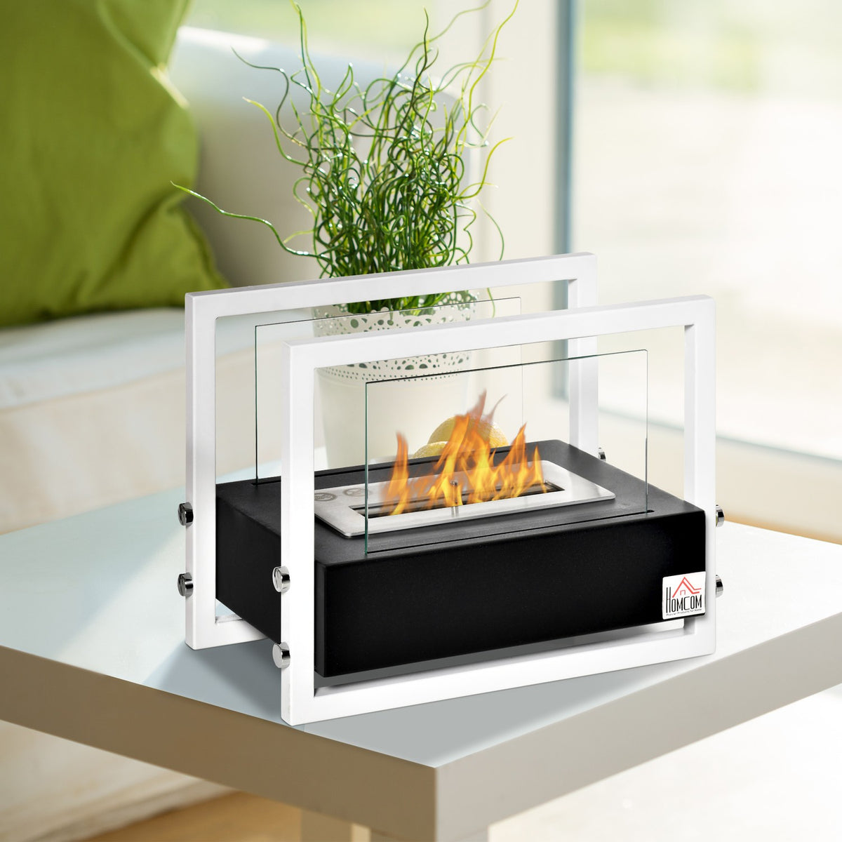 Bio Fireplace Ethanol Fireplace Bio Ethanol Burner 1.5L Burning Time No Smoke Metal Tempered Glass Black + White 39.5 X 25 X 30 Cm
