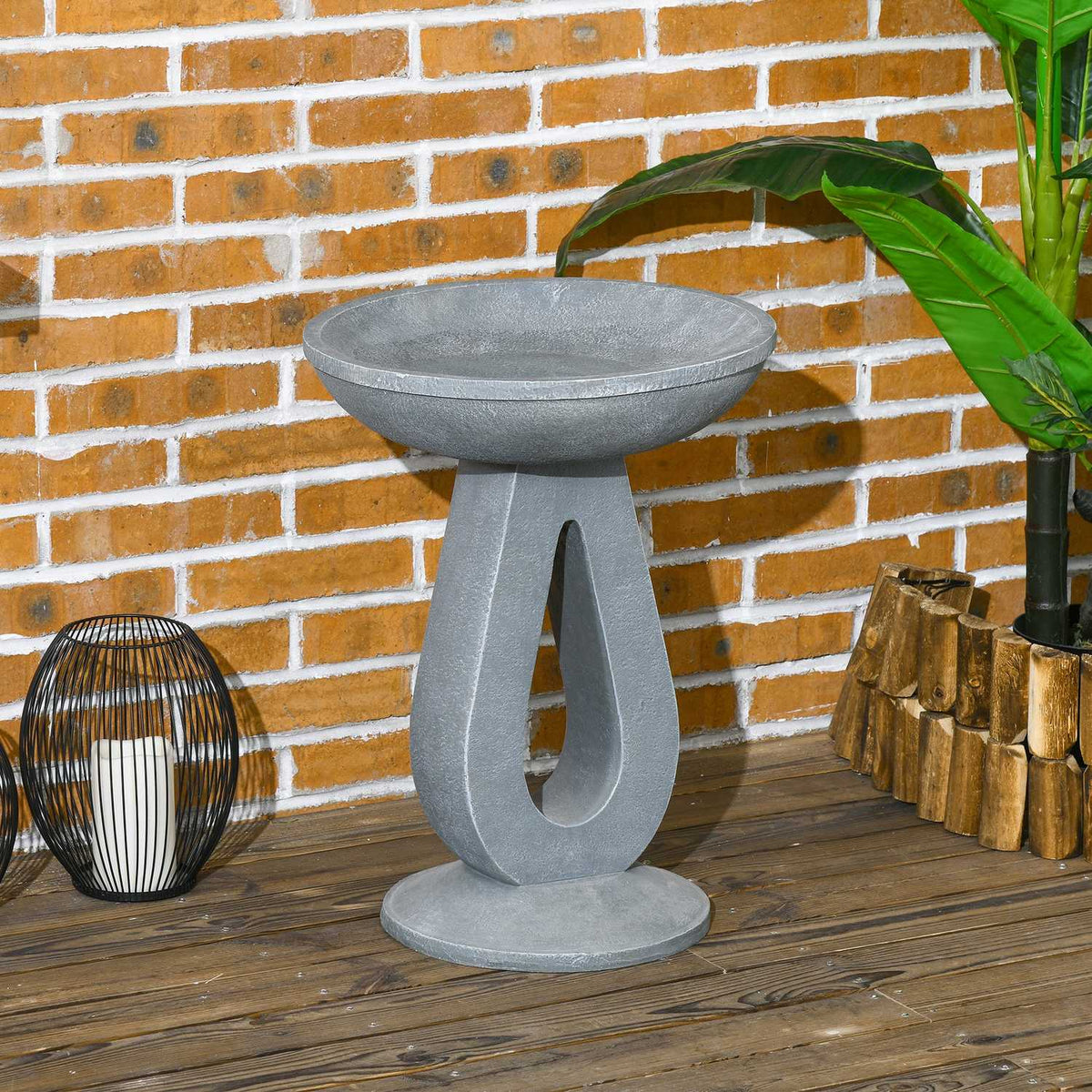 Bird Bath With Stone Look Stand, Bird Feeder, Wild Bird Bath For Garden & Balcony, Grey, 51Cm