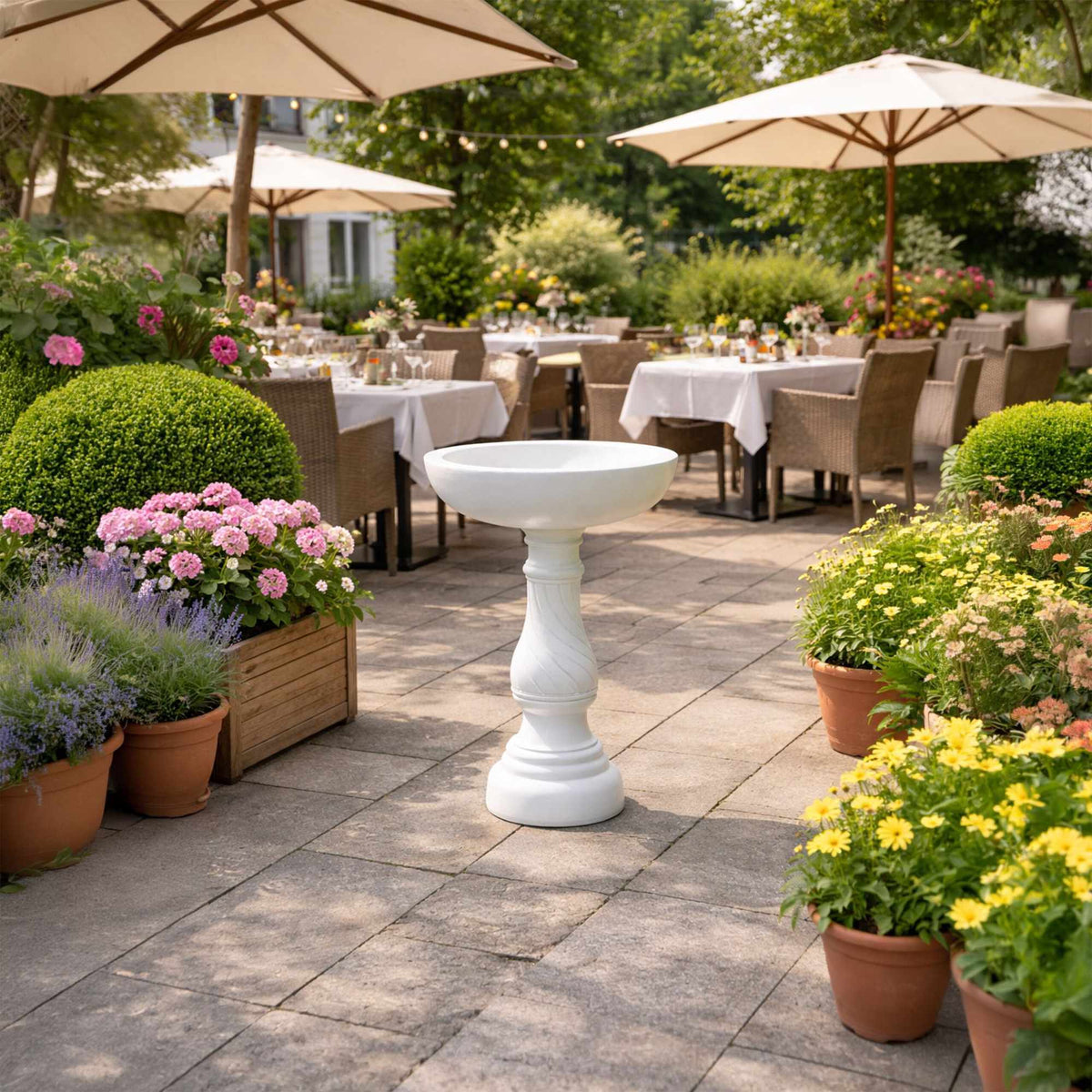 Bird Bath on Pedestal, White Resin, Frost-Resistant