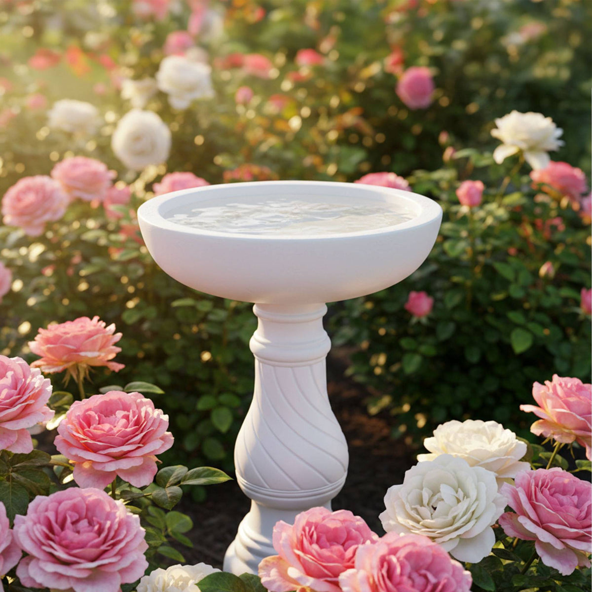 Bird Bath on Pedestal, White Resin, Frost-Resistant