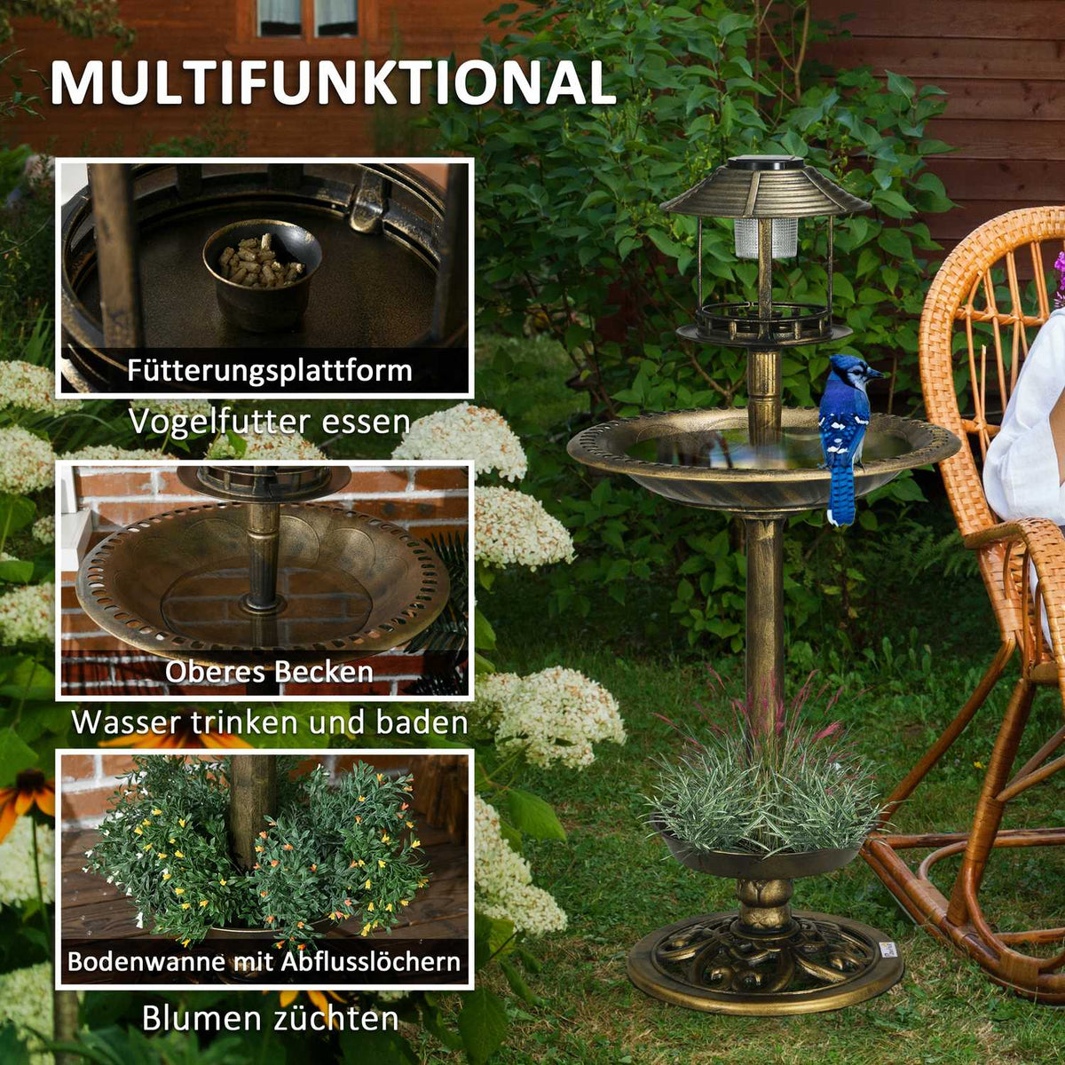 Bird Bath with Solar Light 110 cm Height Bird Bath Bird Feeder Bird Basin with Flower Base for Wild Birds Bronze