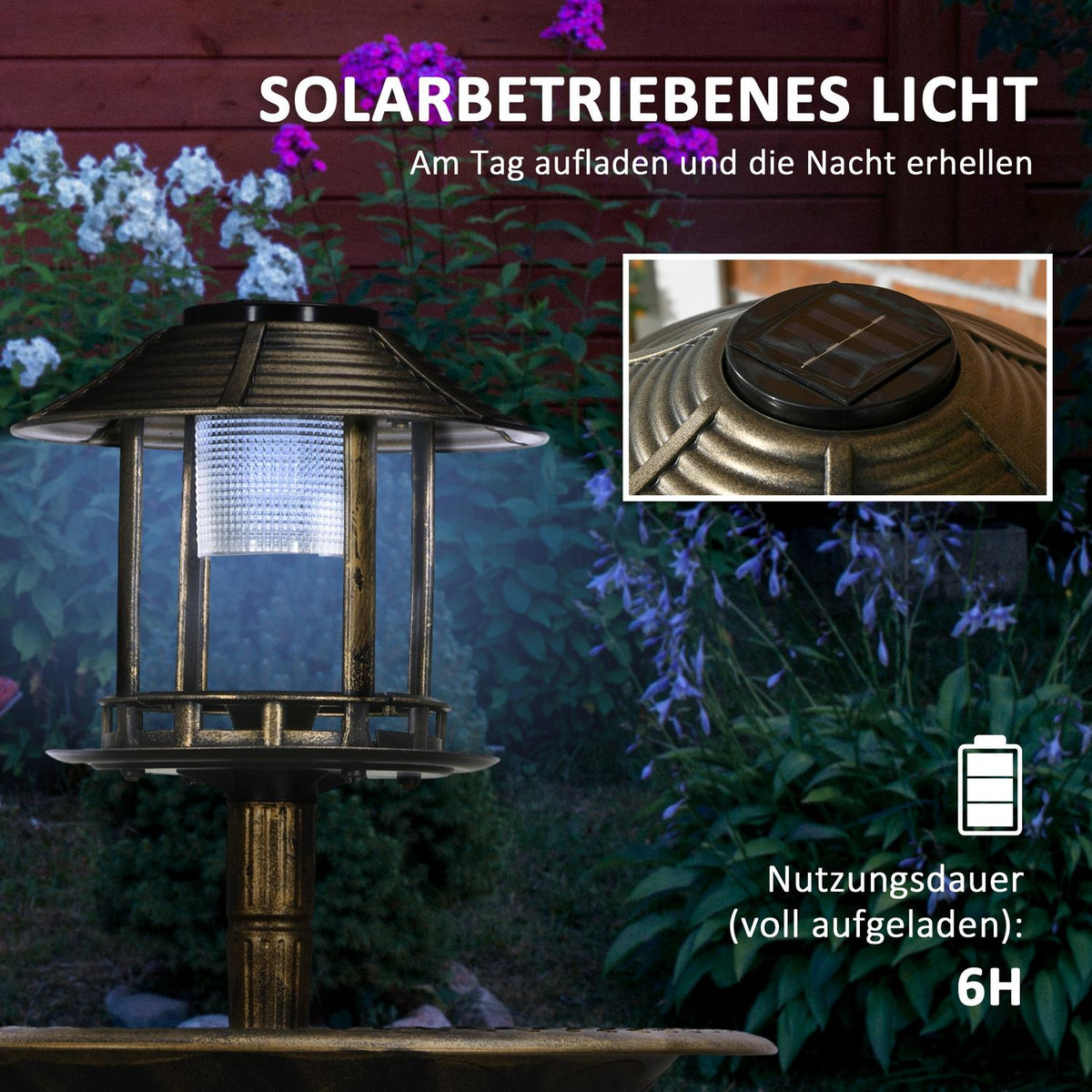 Bird Bath with Solar Light 110 cm Height Bird Bath Bird Feeder Bird Basin with Flower Base for Wild Birds Bronze
