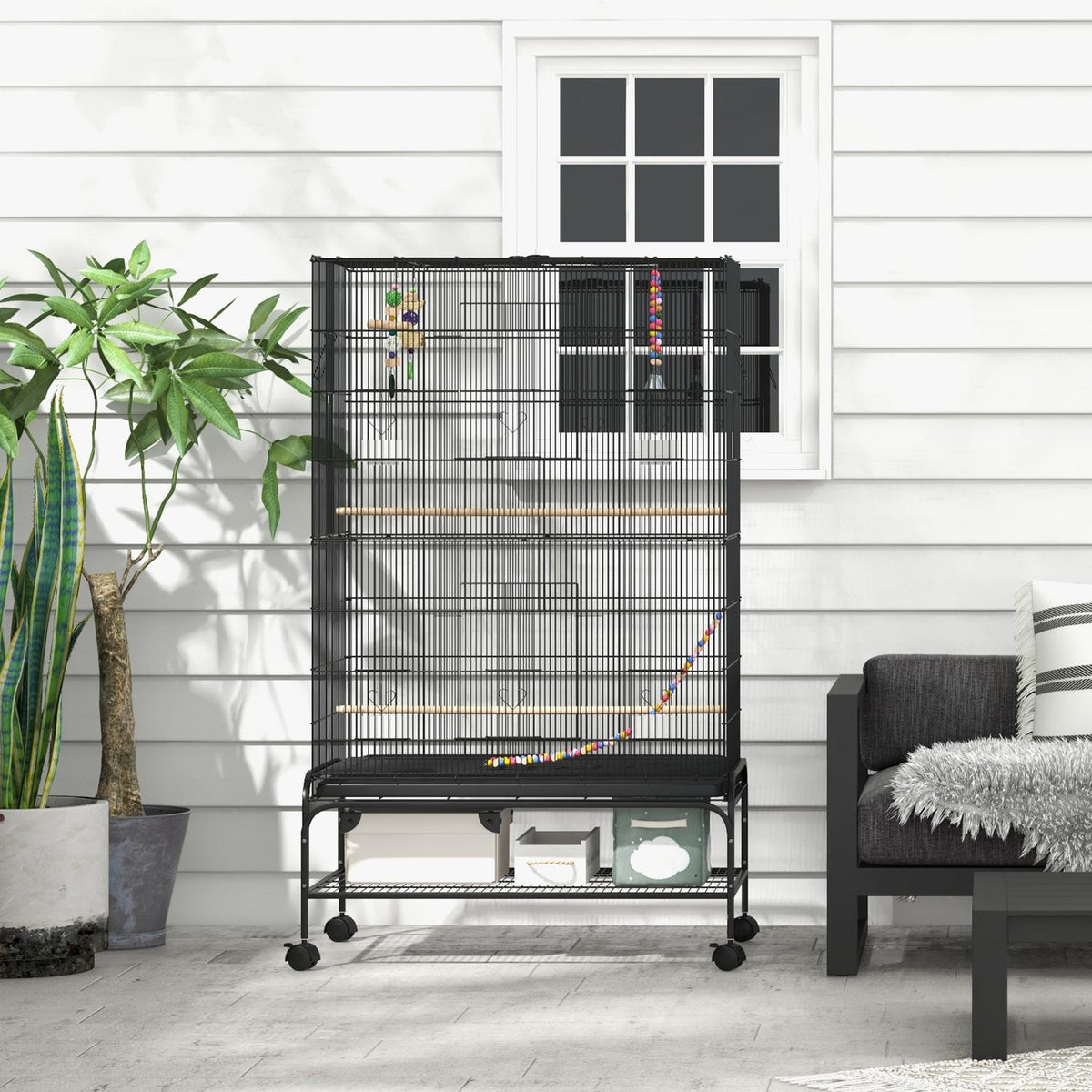 Bird Cage Bird Aviary With Perches Bird Builder With Shelf, Wheels, Removable Base Tray, Aviary With Doors, Black
