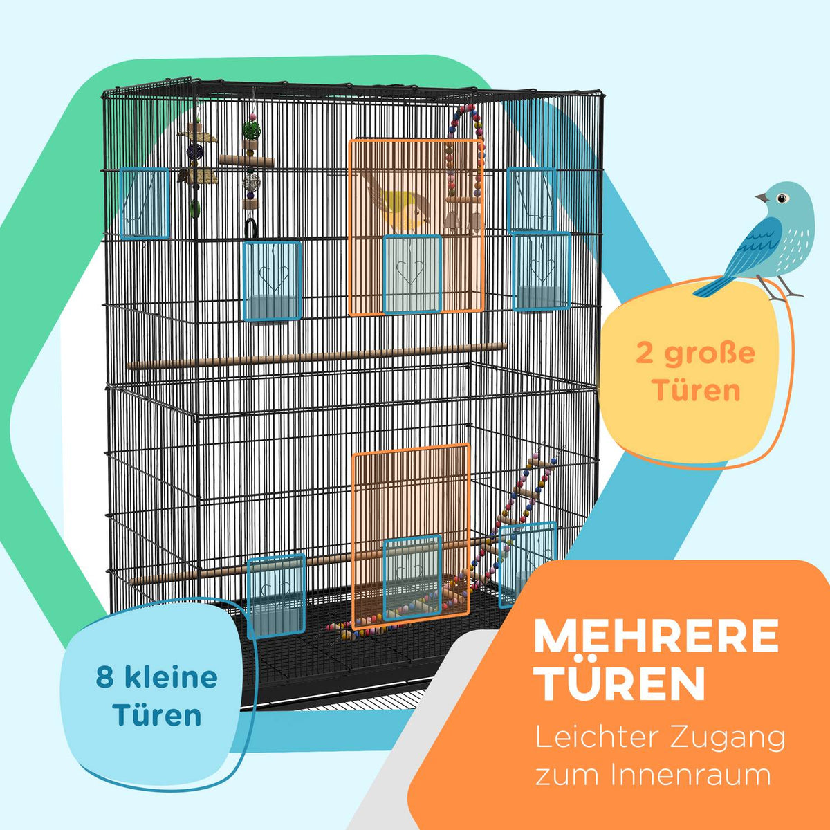 Bird Cage Bird Aviary With Perches Bird Builder With Shelf, Wheels, Removable Base Tray, Aviary With Doors, Black