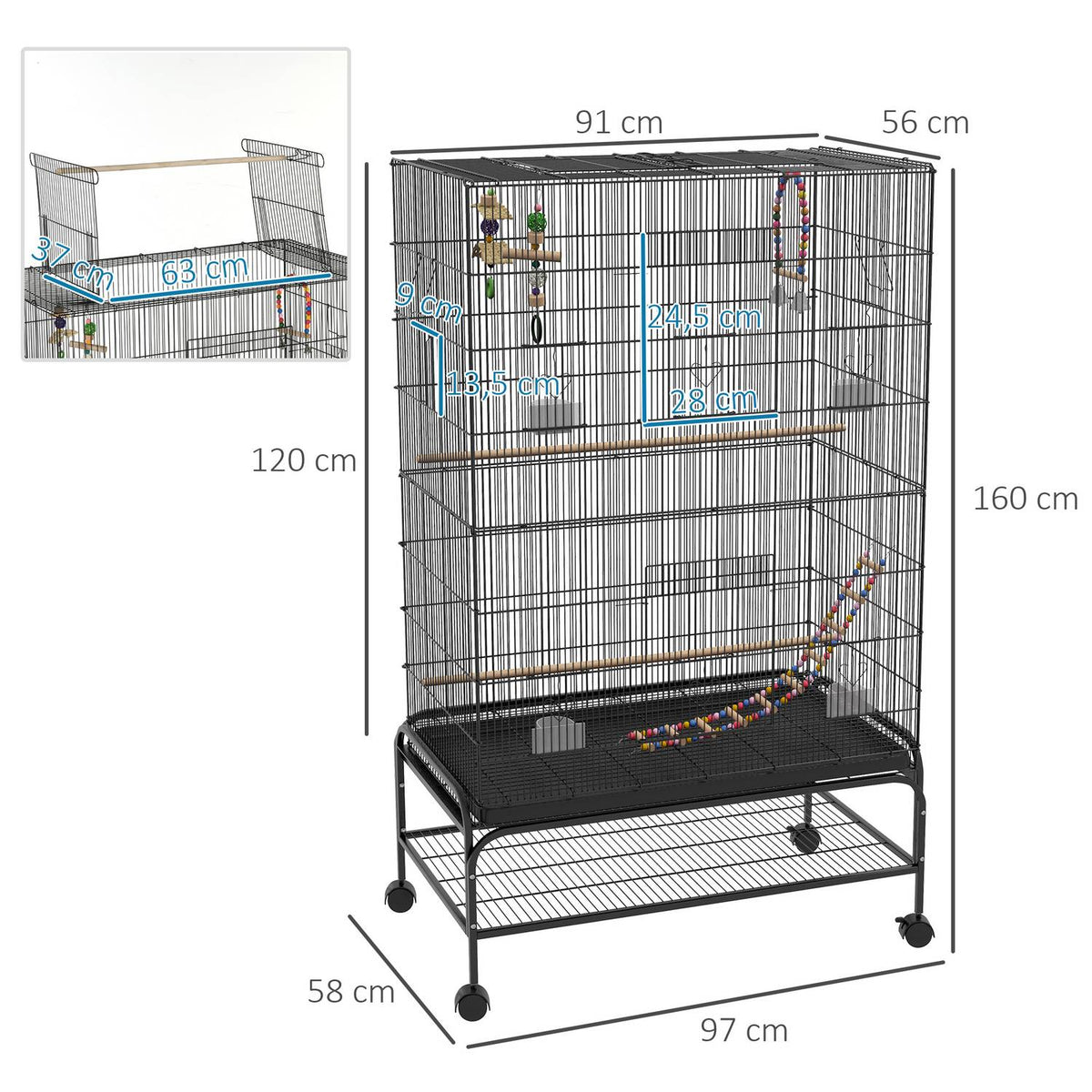 Bird Cage Bird Aviary With Perches Bird Builder With Shelf, Wheels, Removable Base Tray, Aviary With Doors, Black