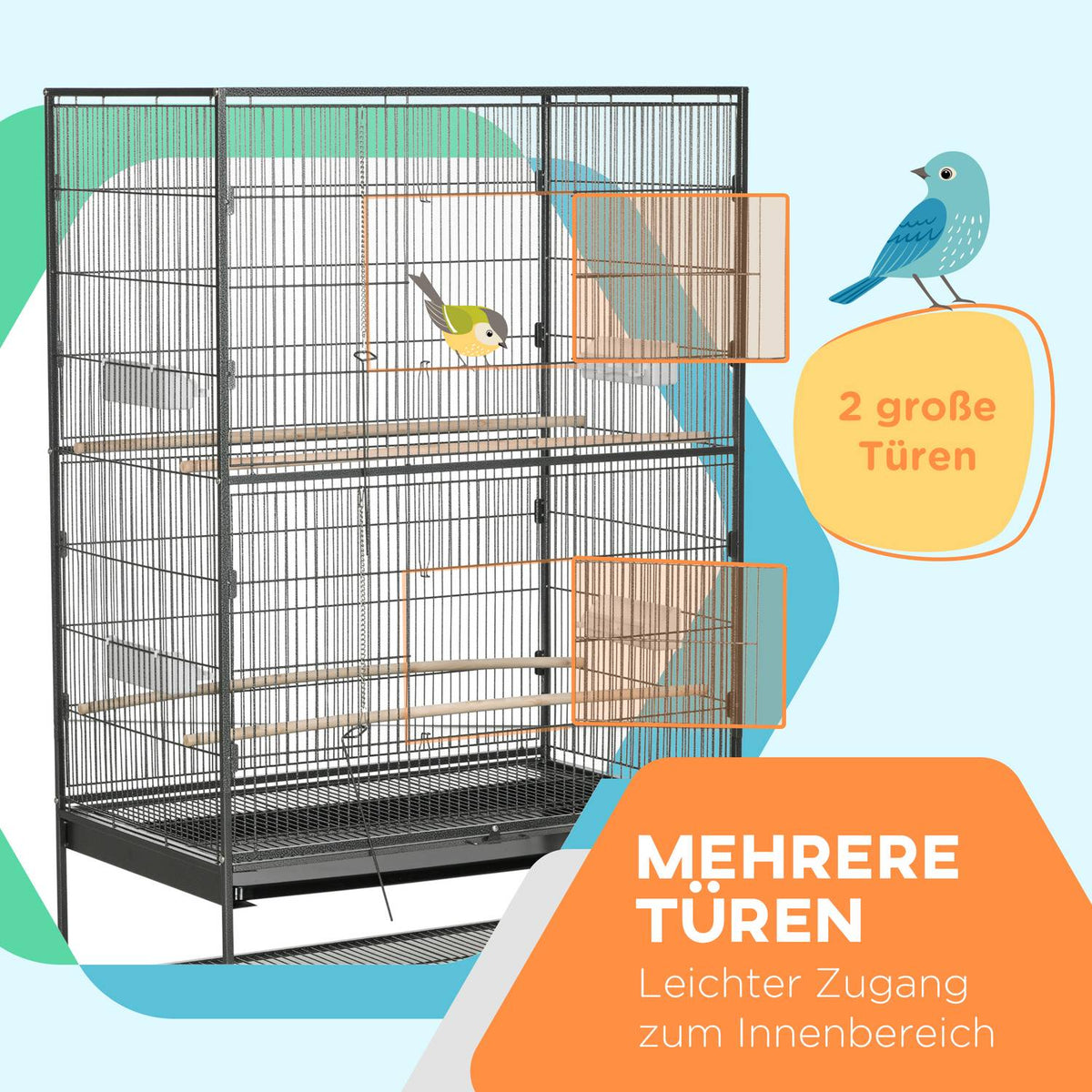Bird Cage Bird Maker Bird Aviary With Perches, Bird House With Shelf, Floor Tray, Aviary With Doors, Wheels, Gray, 94 X 57 X 153 Cm