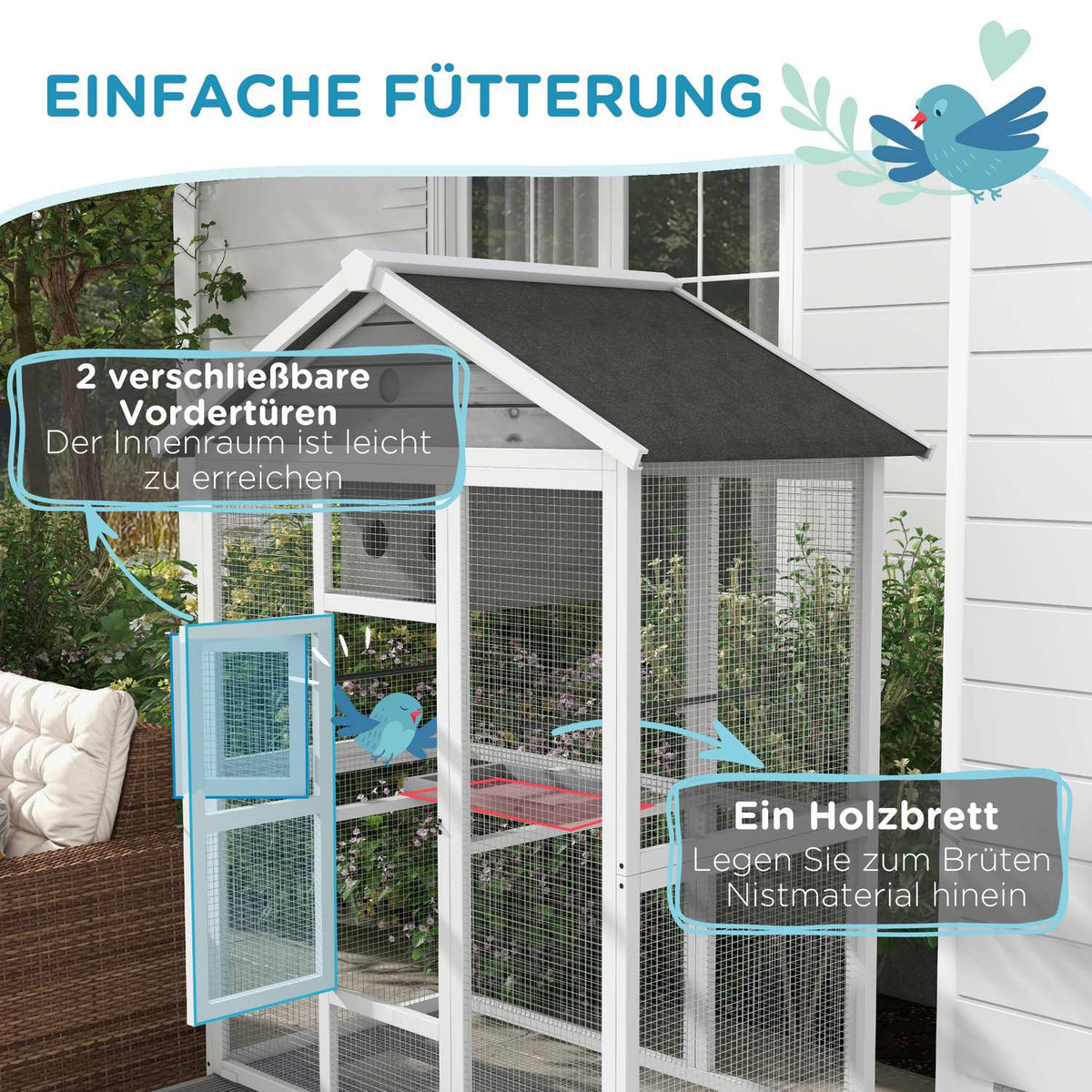 Bird Cage Budgie Cage With 4 Perches, Bird Builder With Extendable Floor Tray, Bird House For Canaries, Fir, 112 X 68 X 154 Cm