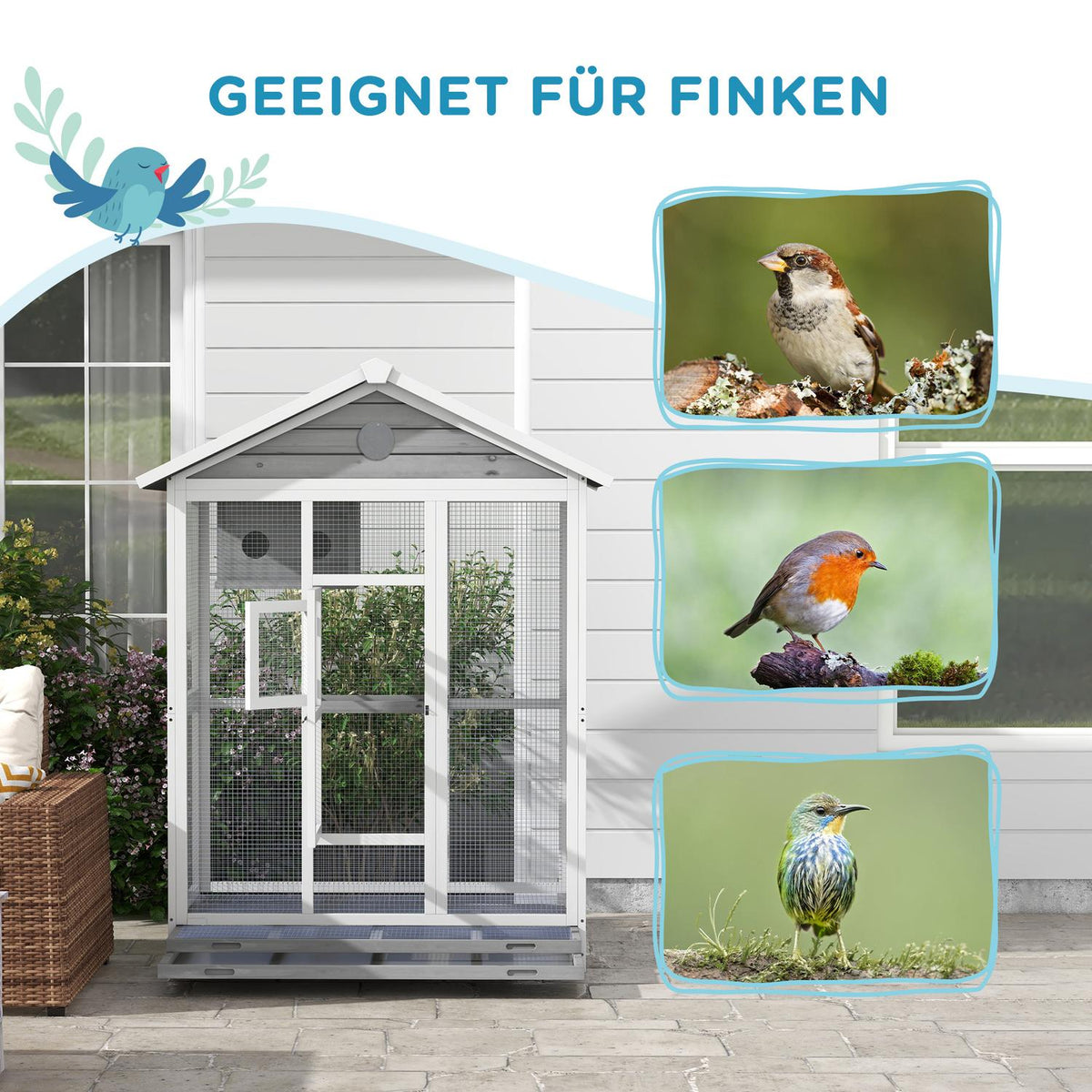 Bird Cage Budgie Cage With 4 Perches, Bird Builder With Extendable Floor Tray, Bird House For Canaries, Fir, 112 X 68 X 154 Cm