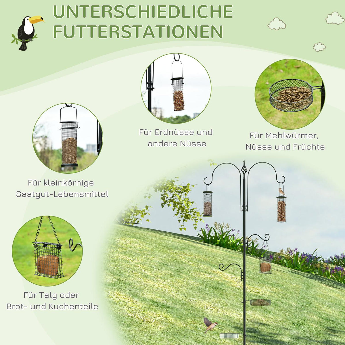 Bird Feeding Station Set Bird Bath Feeding Plate Complete Feeding Column Bird Feeder Station With 4 Hooks Steel Black Height 208 Cm
