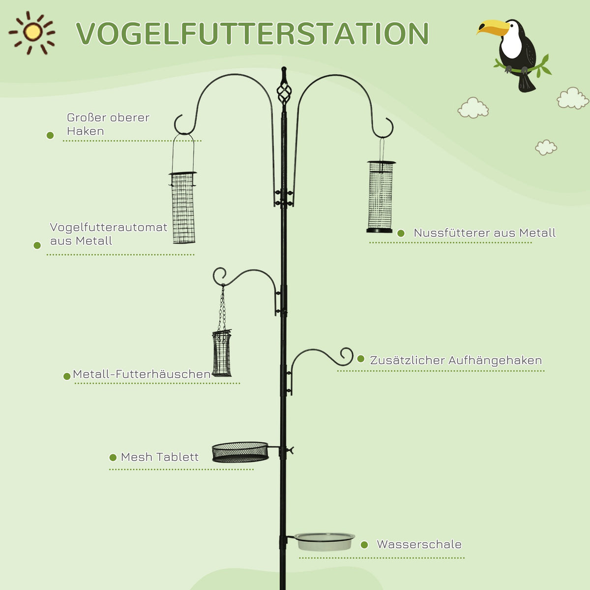 Bird Feeding Station Set Bird Bath Feeding Plate Complete Feeding Column Bird Feeder Station With 4 Hooks Steel Black Height 208 Cm