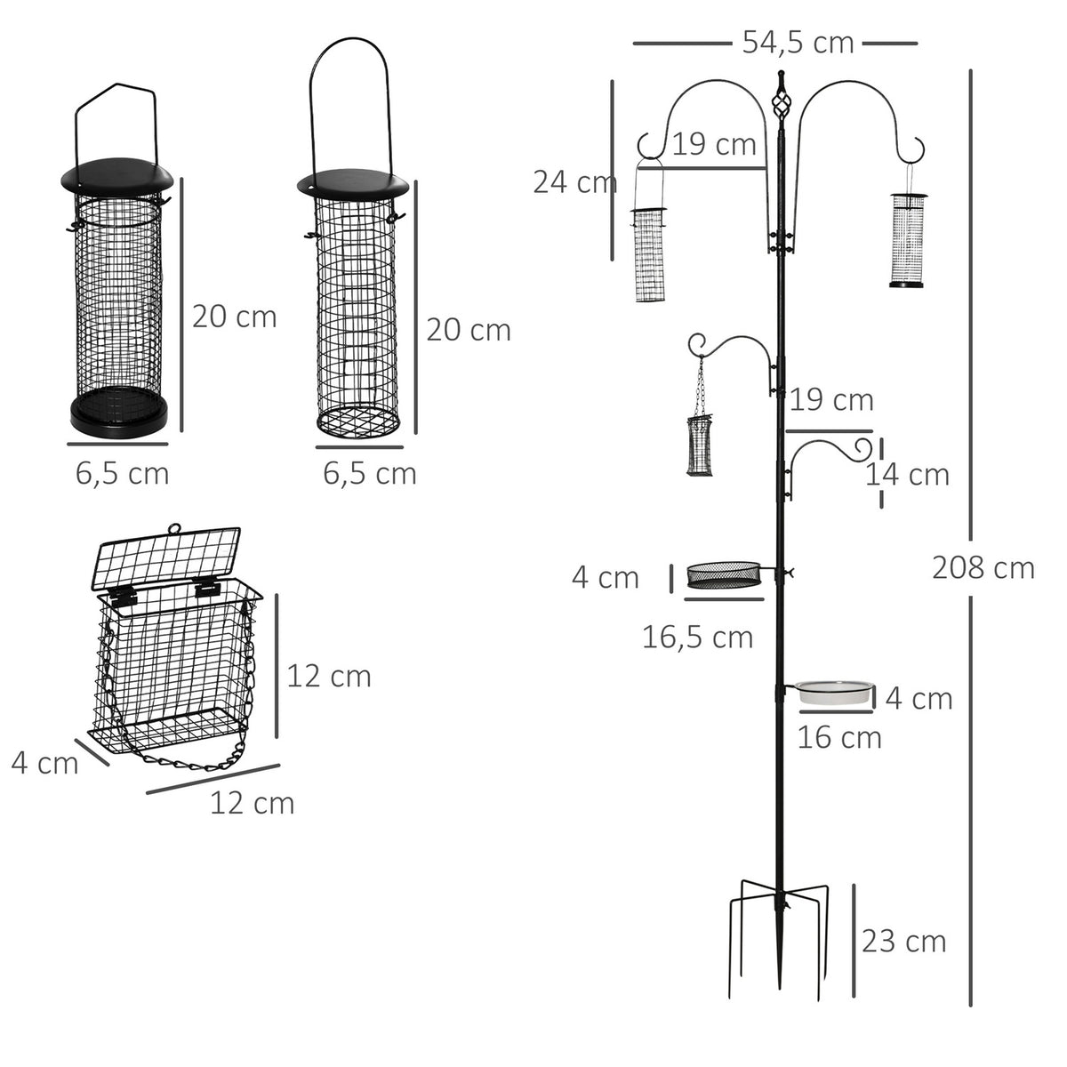 Bird Feeding Station Set Bird Bath Feeding Plate Complete Feeding Column Bird Feeder Station With 4 Hooks Steel Black Height 208 Cm