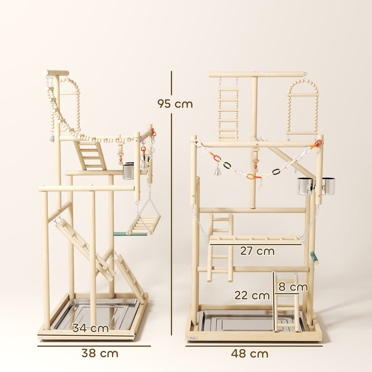 Bird Play Stand, 4 Levels, Stainless Tray, Natural Wood