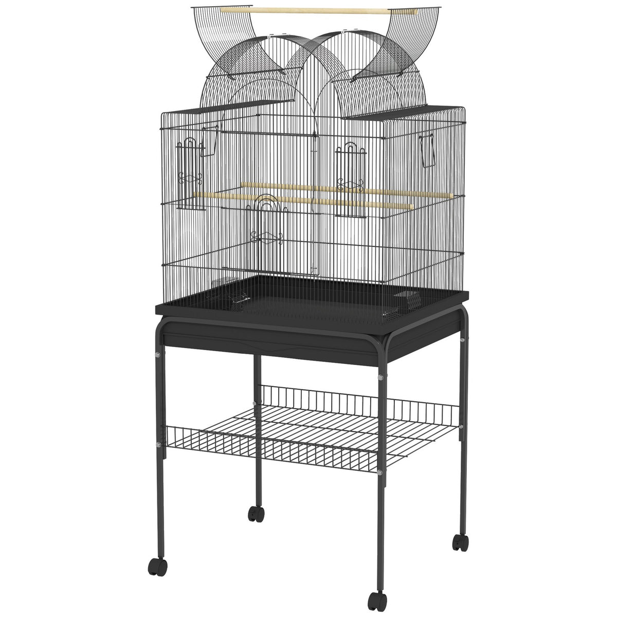 Bird cage large budgie cage with tray, storage space, feeding station, bird house with wheels for canaries, steel 63 x 53 x 144 cm black