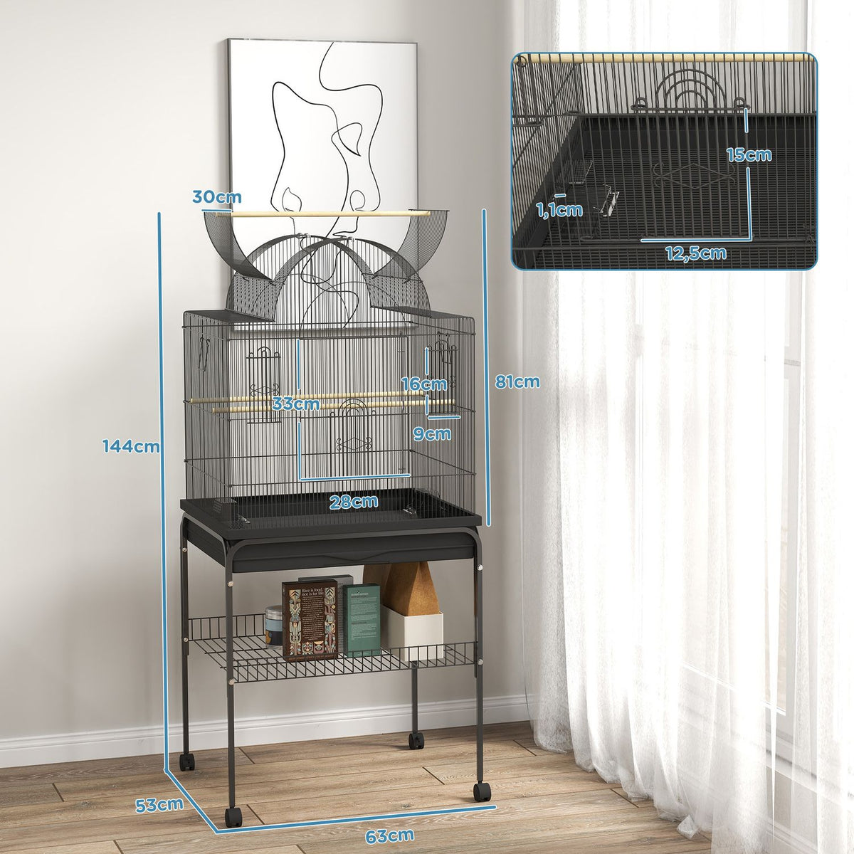 Bird cage large budgie cage with tray, storage space, feeding station, bird house with wheels for canaries, steel 63 x 53 x 144 cm black