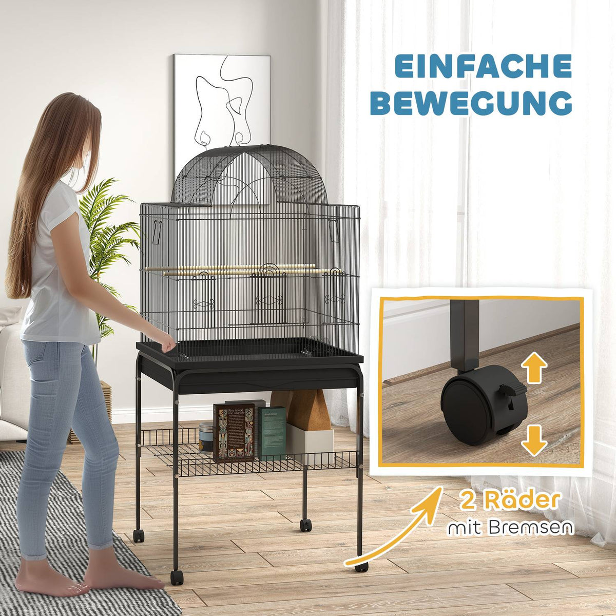 Bird cage large budgie cage with tray, storage space, feeding station, bird house with wheels for canaries, steel 63 x 53 x 144 cm black