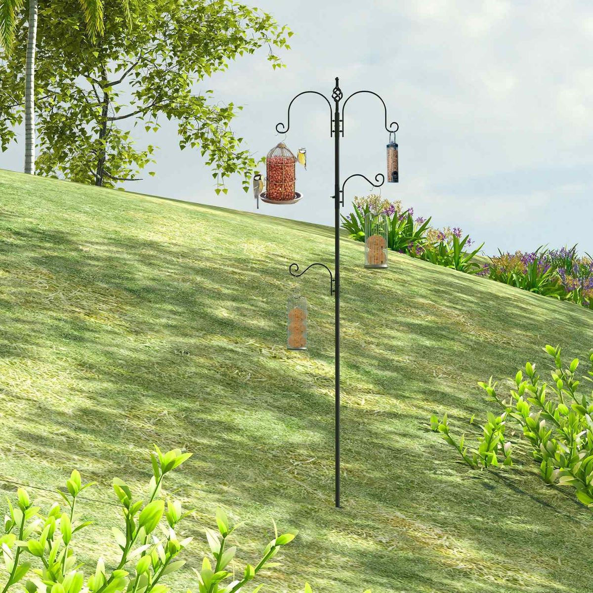 Bird feeding station decorative bird feeding station for wild birds with 4 hooks 54.5 x 54.5 x 208 cm black