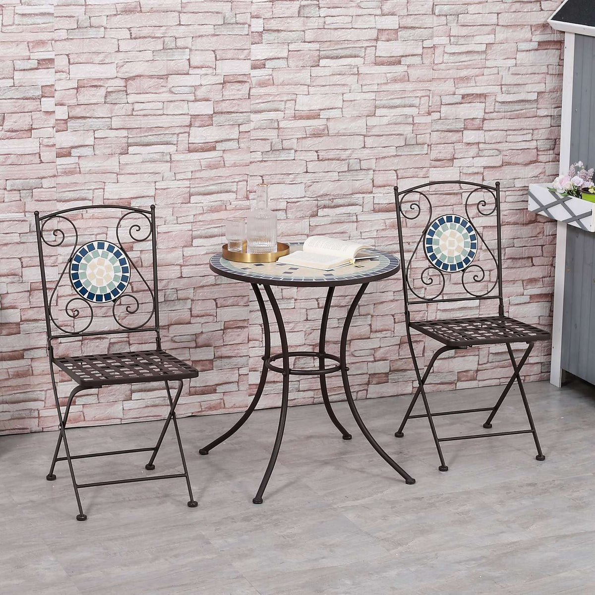 Bistro Set For 2 In Nostalgic Design, Mosaic Stones, Weather Resistant, Multi-Colour