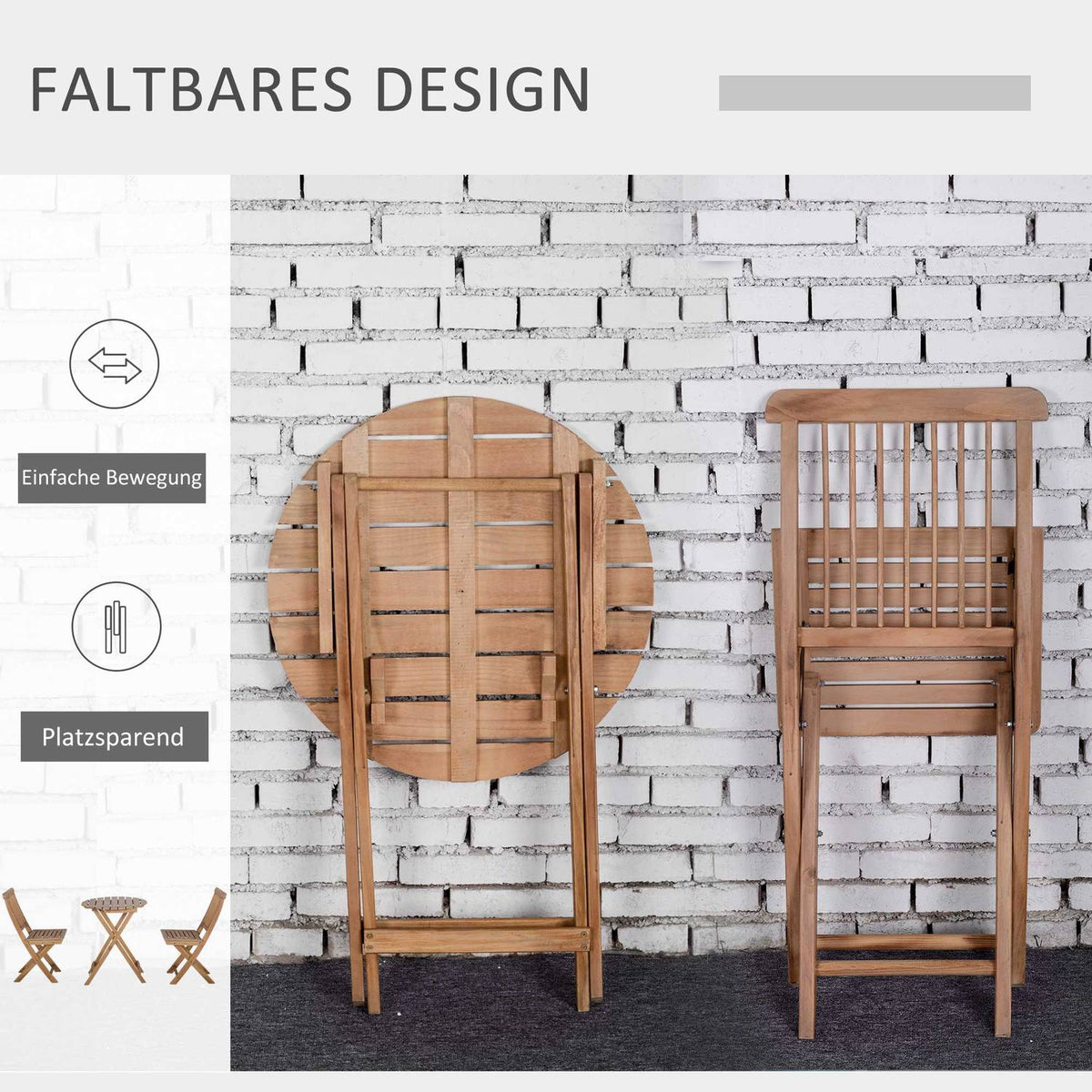 Bistro Set For 2 People, Foldable Wooden Garden Set, Balcony Set, Bistro Table With 2 Chairs, Garden Furniture, Natural