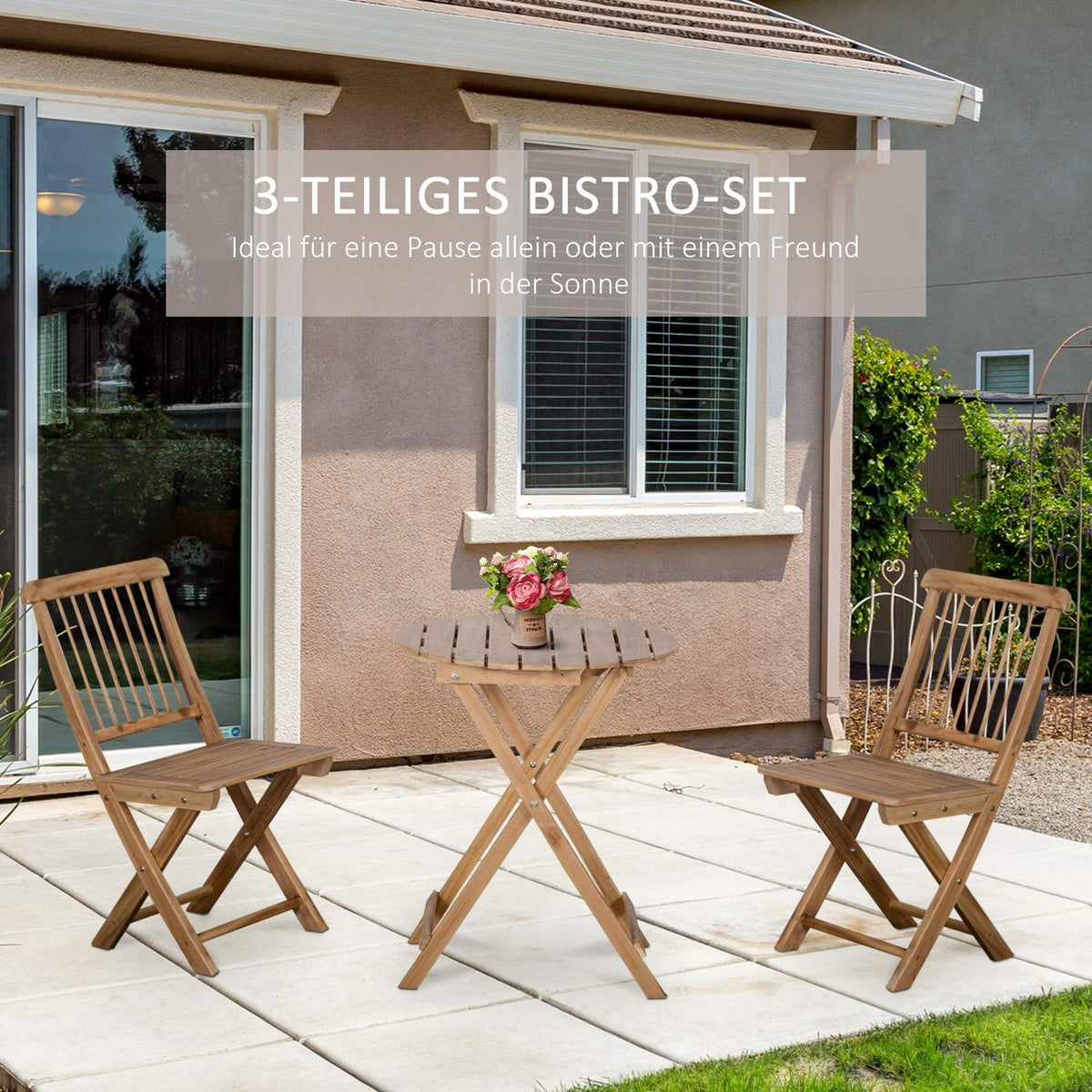 Bistro Set For 2 People, Foldable Wooden Garden Set, Balcony Set, Bistro Table With 2 Chairs, Garden Furniture, Natural
