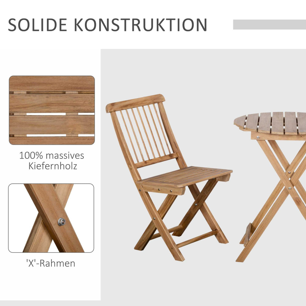 Bistro Set For 2 People, Foldable Wooden Garden Set, Balcony Set, Bistro Table With 2 Chairs, Garden Furniture, Natural