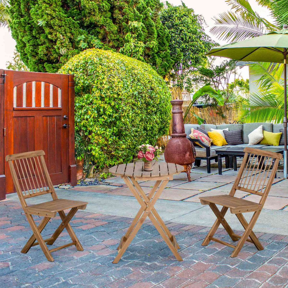Bistro Set For 2 People, Foldable Wooden Garden Set, Balcony Set, Bistro Table With 2 Chairs, Garden Furniture, Natural