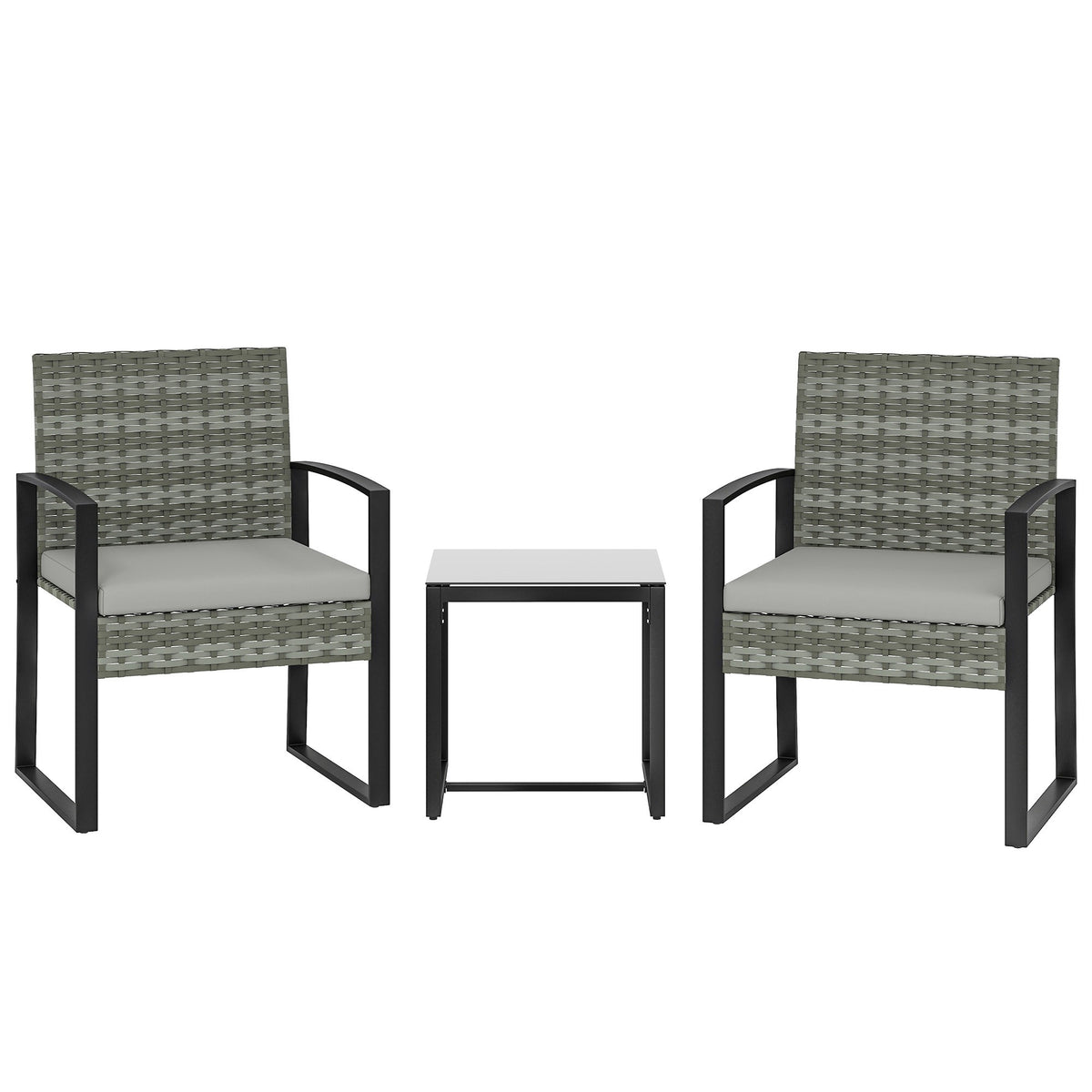Bistro Set with Cushions, PE Rattan, Glass Tabletop