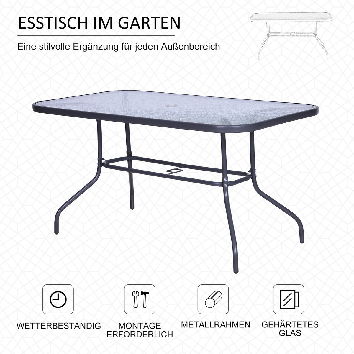 Bistro Table Garden Table Glass Top Umbrella Hole Tempered Glass Metal Carbon Gray 140X80X70Cm