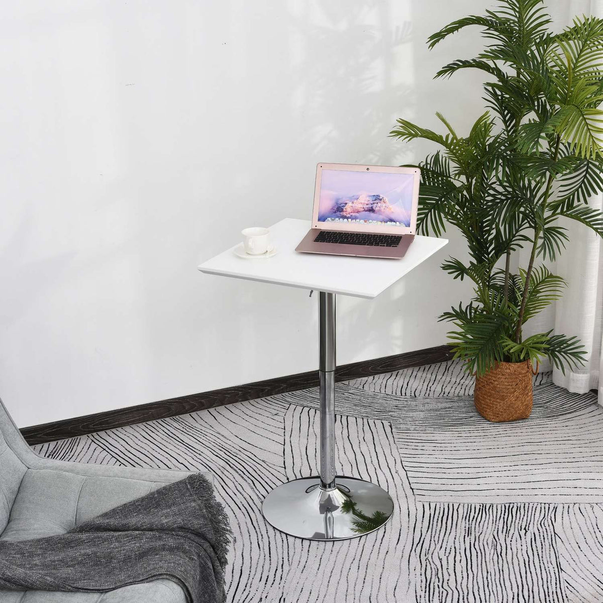 Bistro Table Pub Bar Table Height-Adjustable, Square, Steel, White, 60X60X71-92Cm