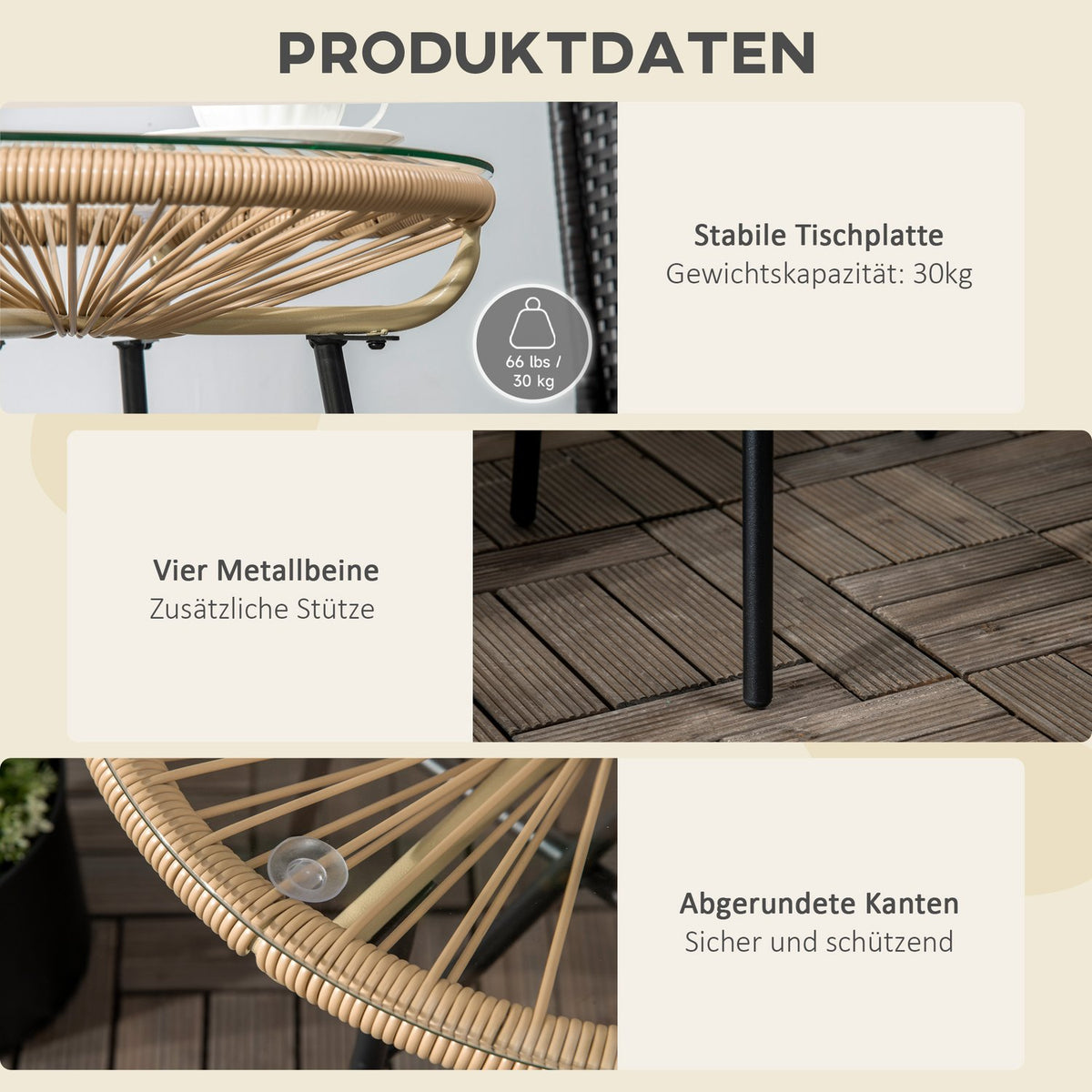Bistro Table, Round Garden Table, Rat Side Table, For Patio, Balcony, Black+Beige, 50 X 50 X 50 Cm